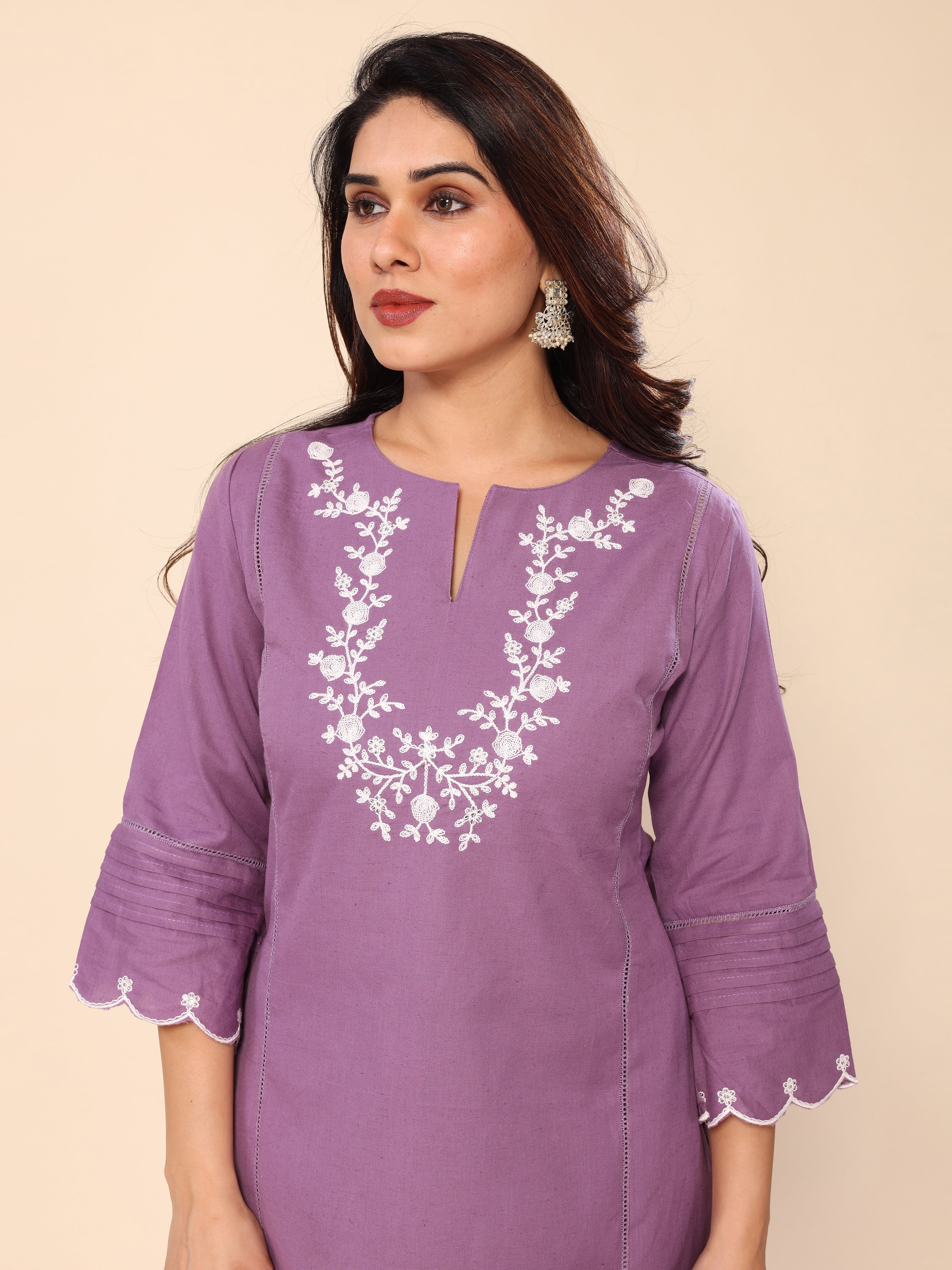 Purple Floral Embroidered Cotton Kurta with Pants