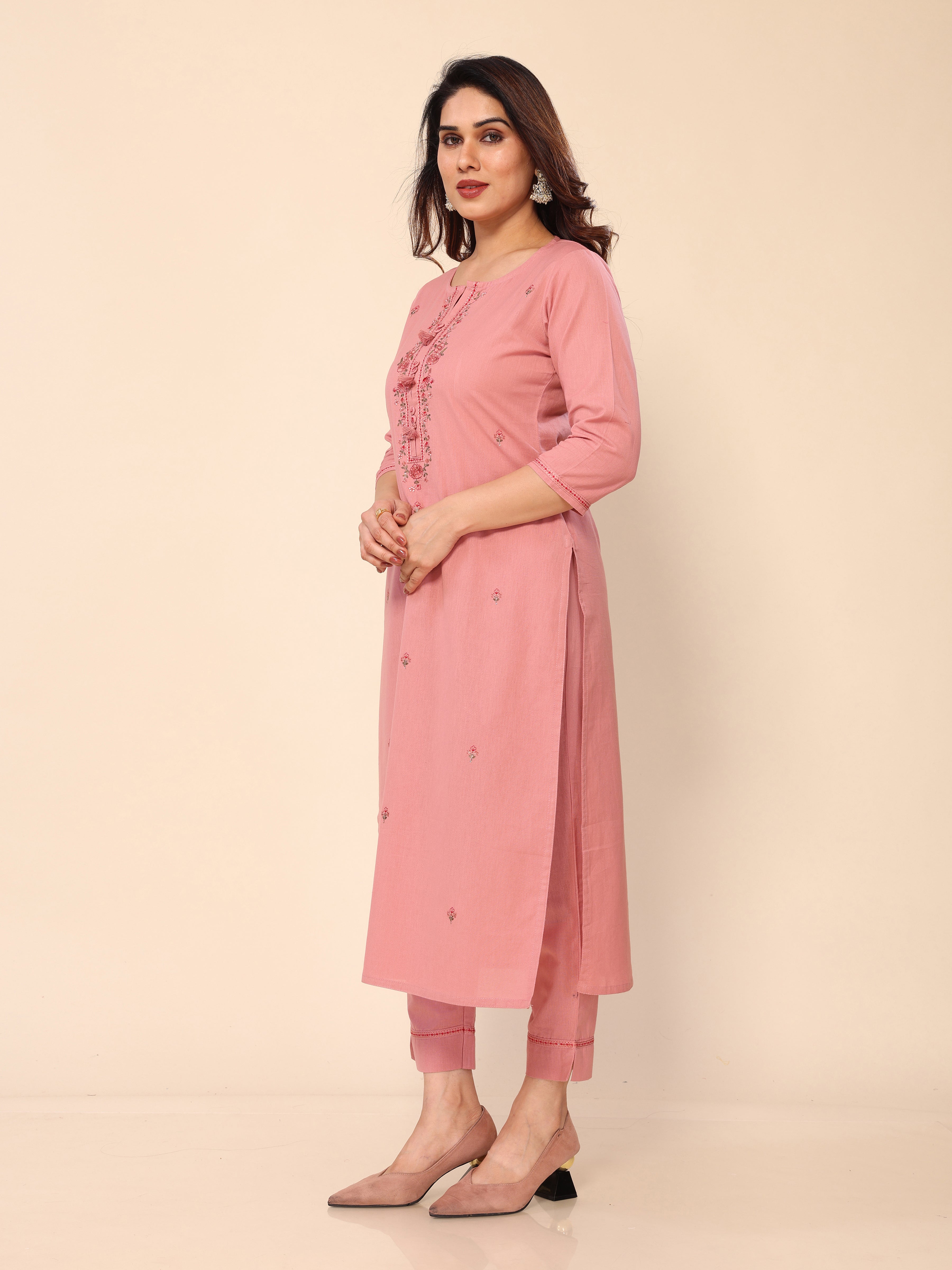 Pink Floral Embroidered Cotton Kurta with Trouser Pant