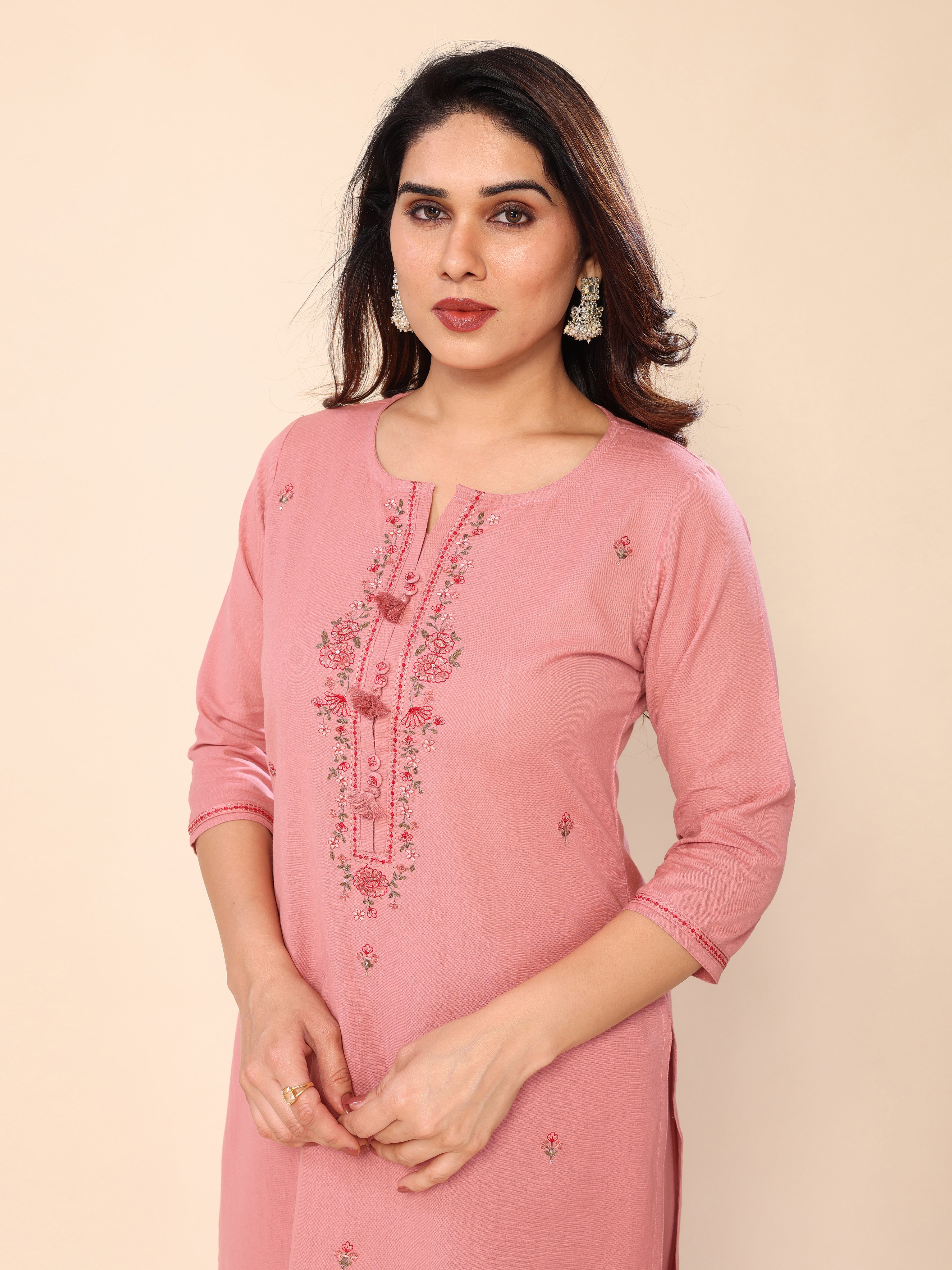 Pink Floral Embroidered Cotton Kurta with Trouser Pant