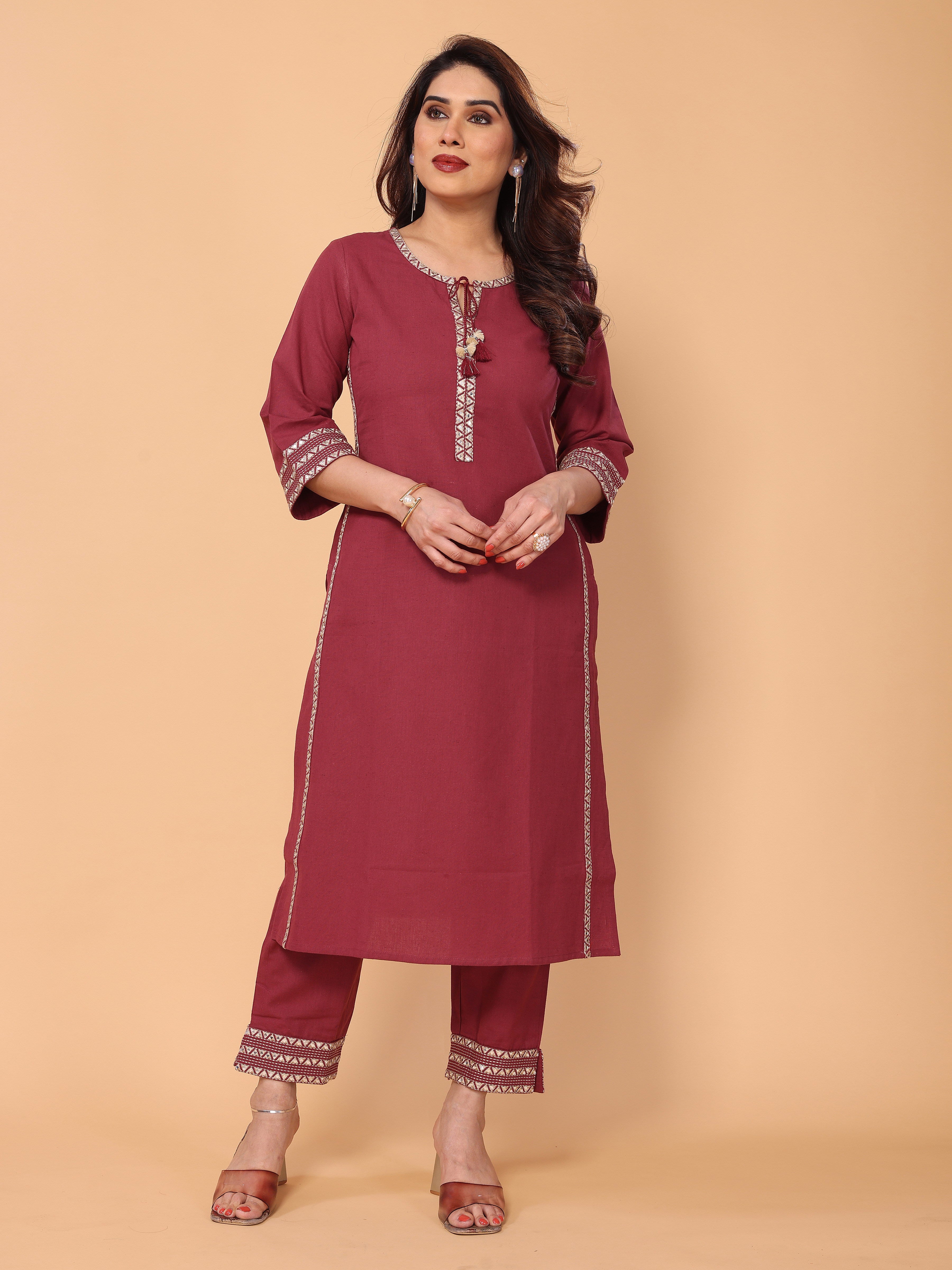 Stylish Mirror Embellished Pinkish-Red Cotton Kurta Pant Set for Women