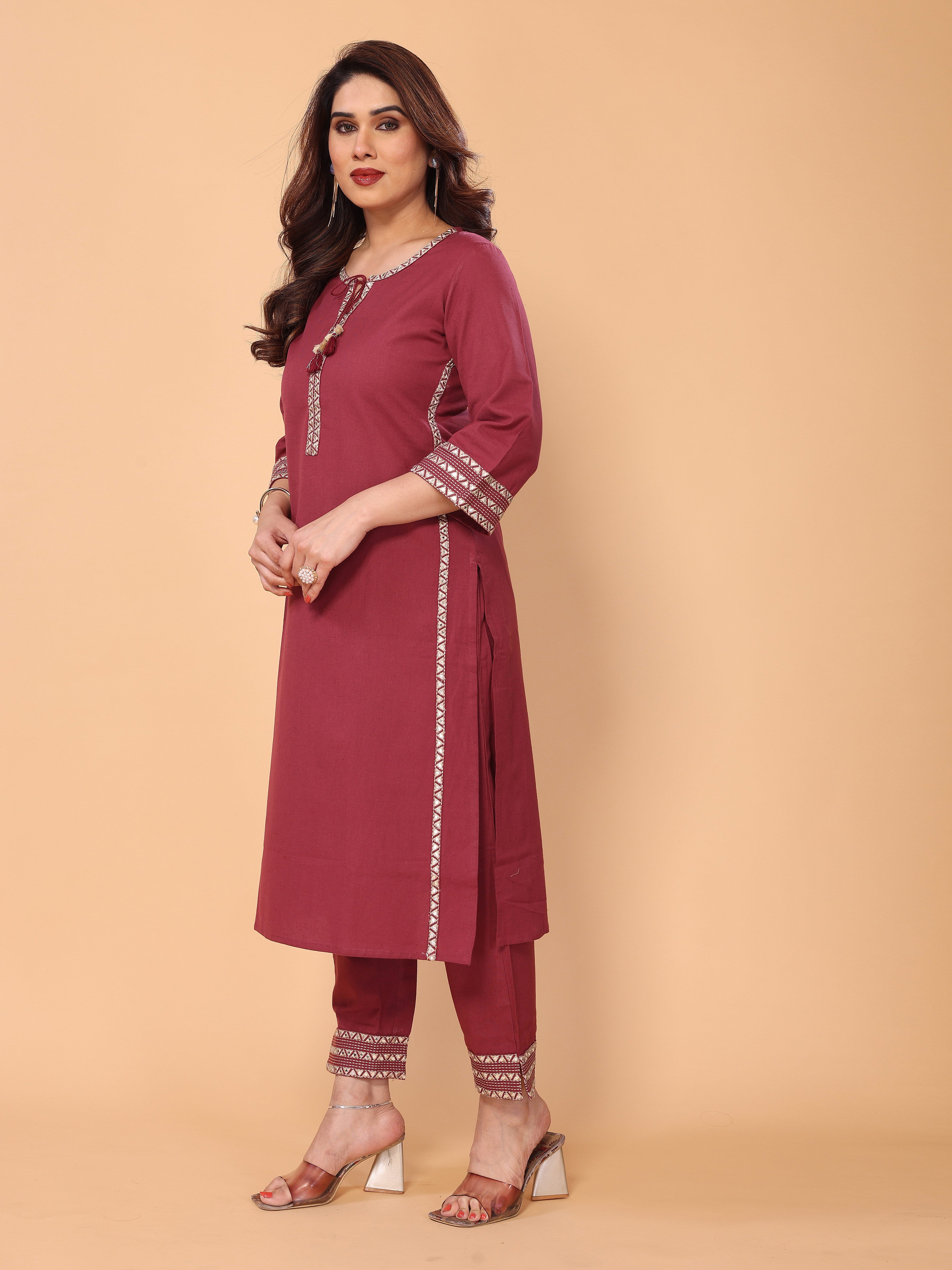 Stylish Mirror Embellished Pinkish-Red Cotton Kurta Pant Set for Women