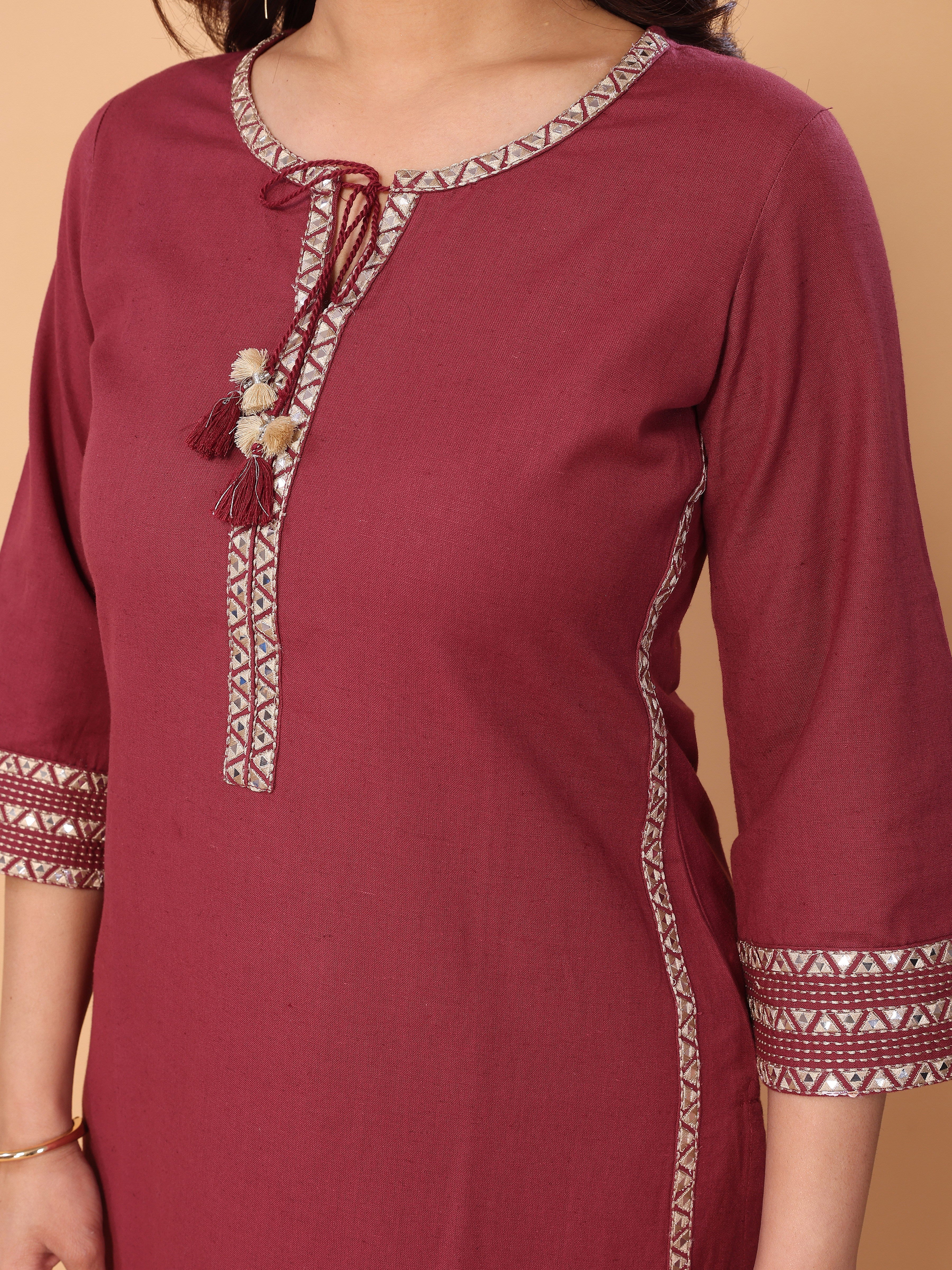 Stylish Mirror Embellished Pinkish-Red Cotton Kurta Pant Set for Women