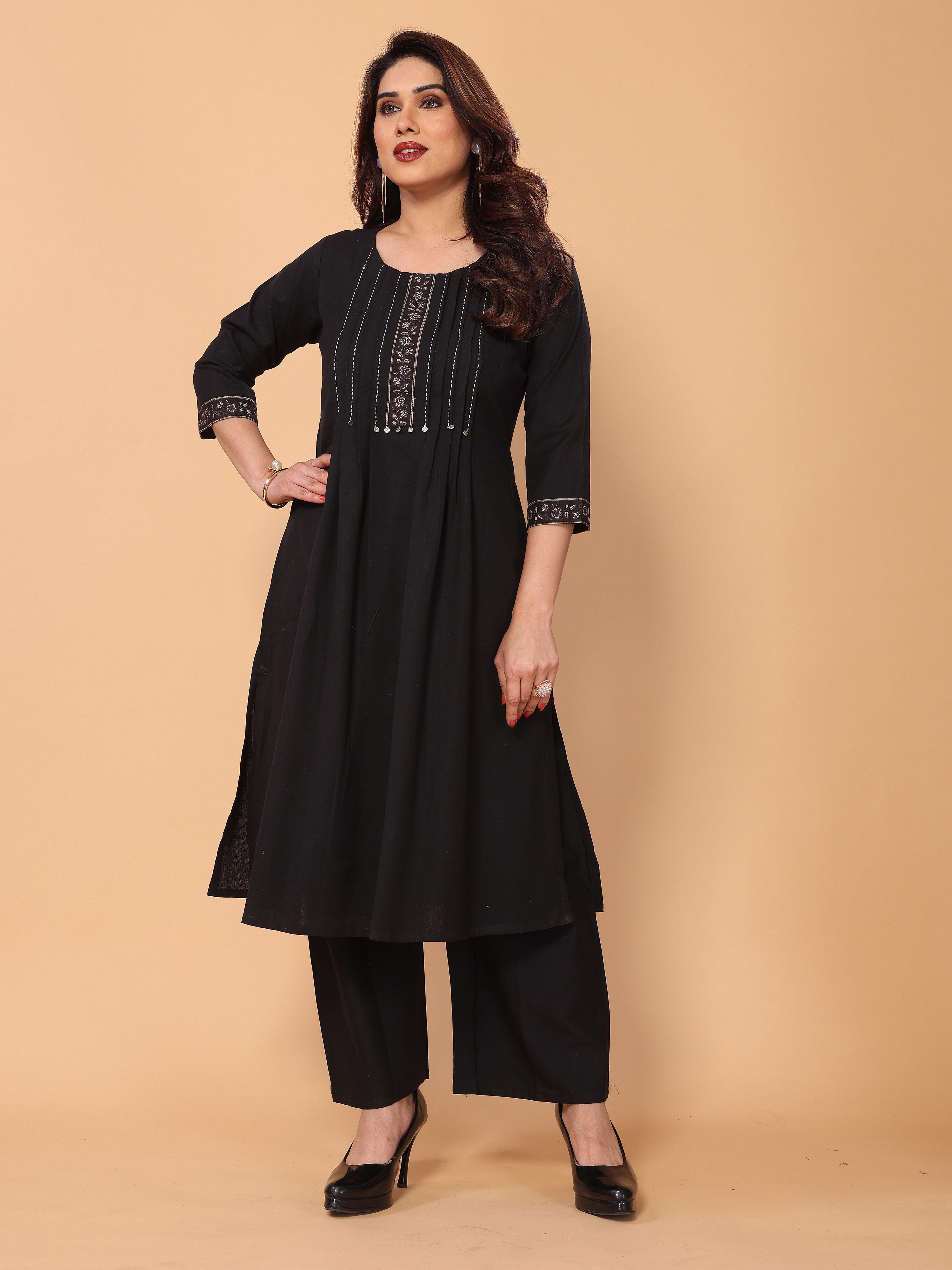 Black Yoke Neck Embroidery Kurta Palazzo Set in Cotton – Elegant & Comfortable