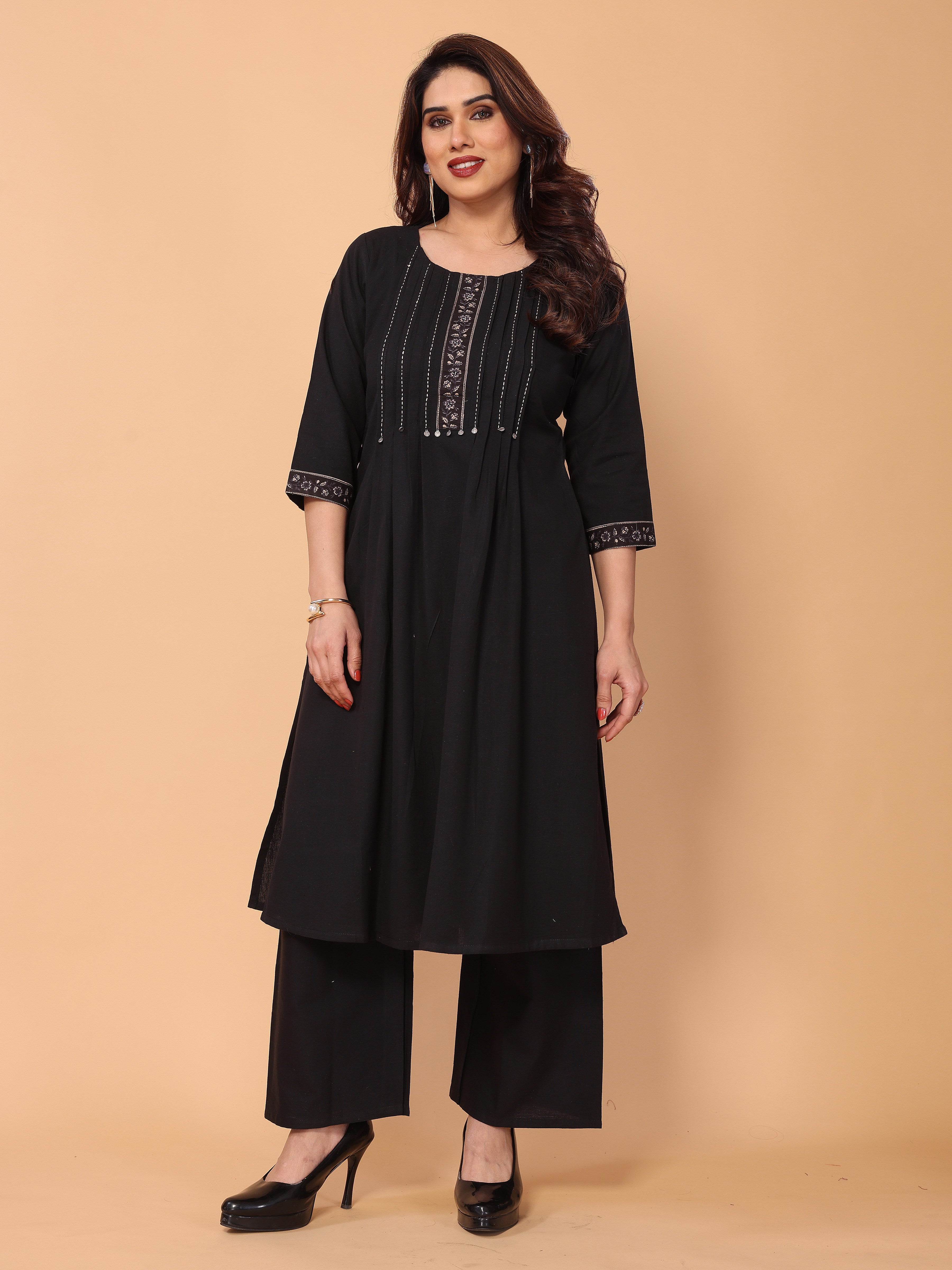 Black Yoke Neck Embroidery Kurta Palazzo Set in Cotton – Elegant & Comfortable