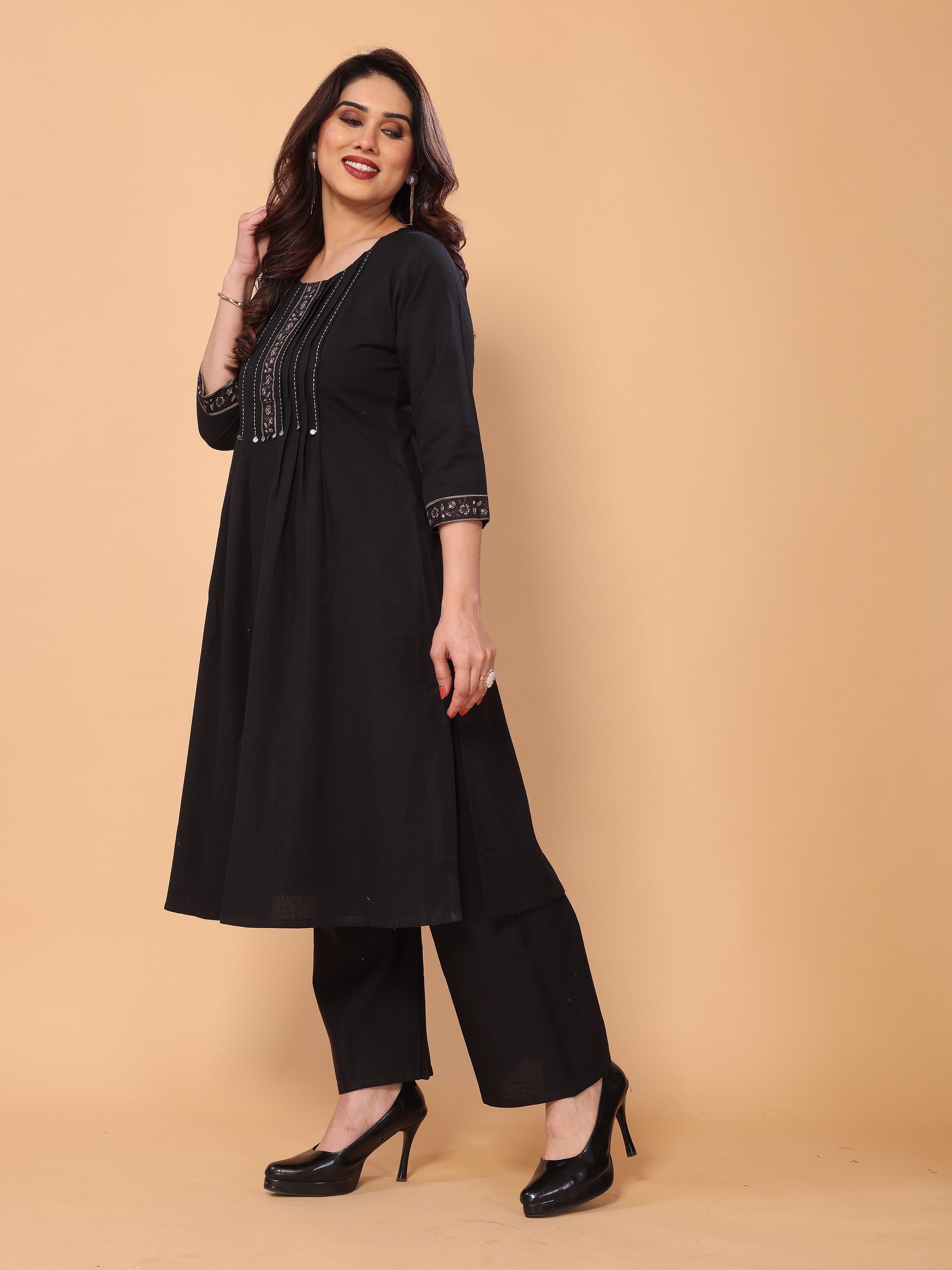 Black Yoke Neck Embroidery Kurta Palazzo Set in Cotton – Elegant & Comfortable