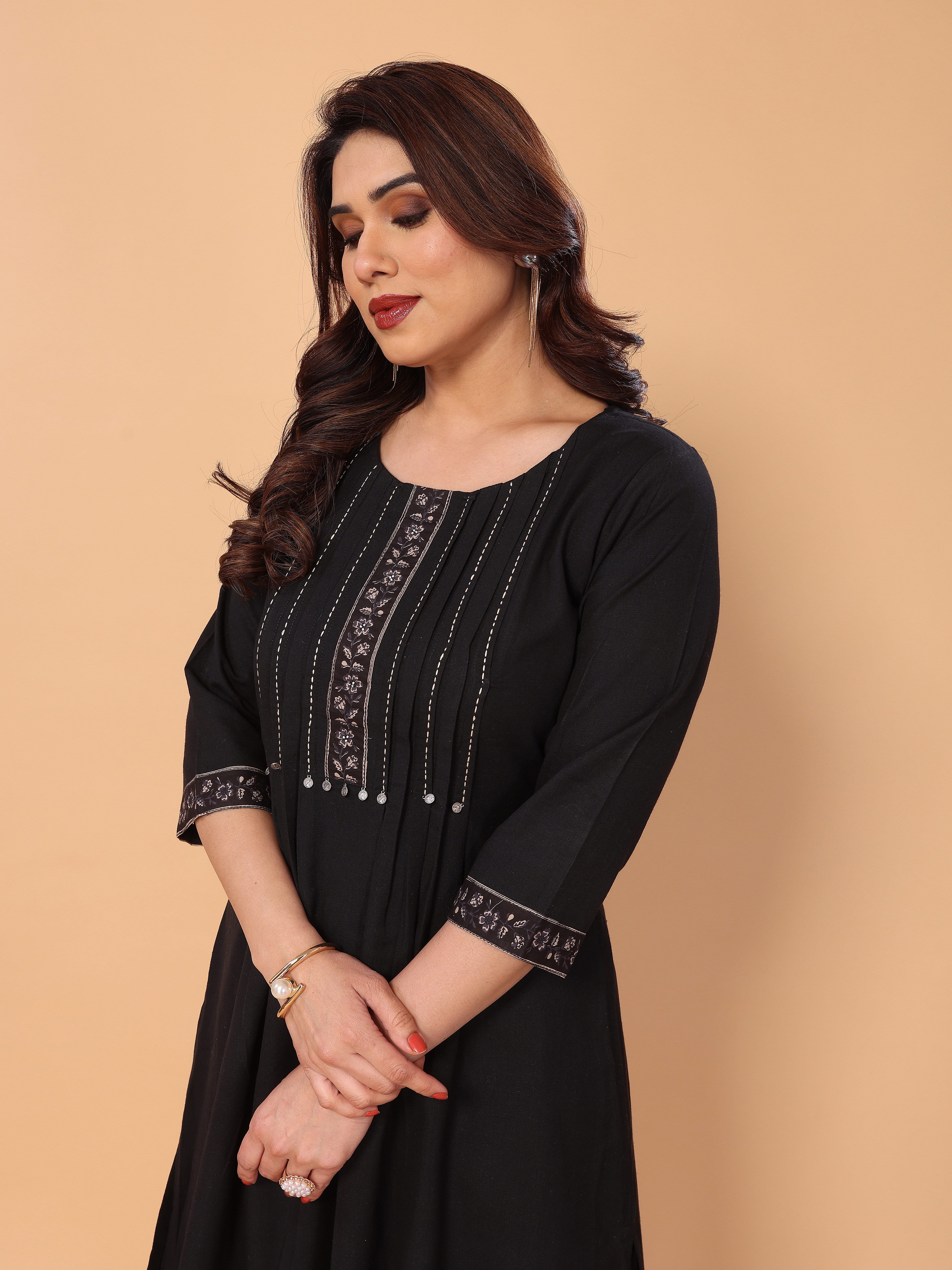 Black Yoke Neck Embroidery Kurta Palazzo Set in Cotton – Elegant & Comfortable