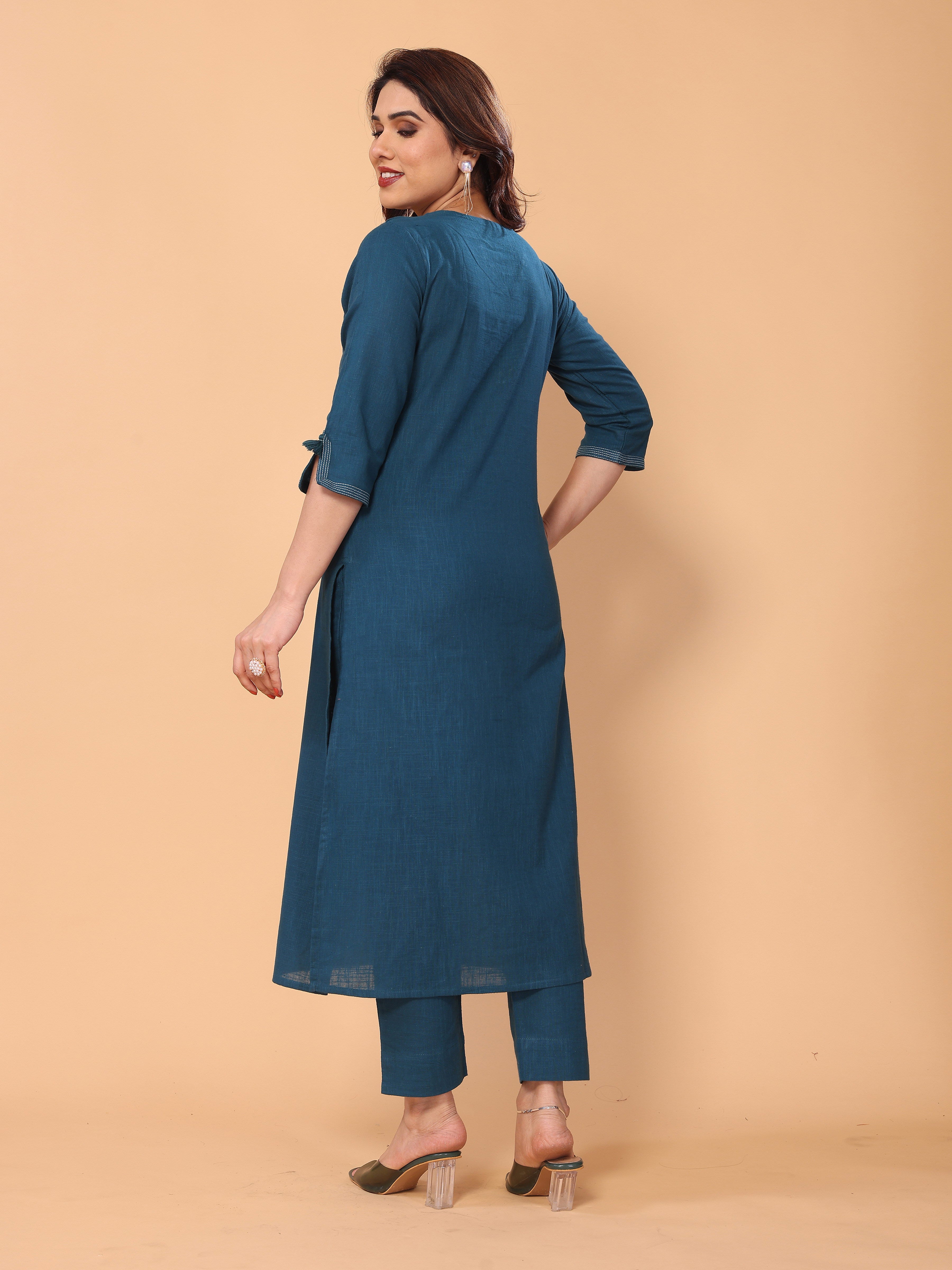 Stylish Cyan Blue Cotton Kurta Pant Set with Mirror Embellishments