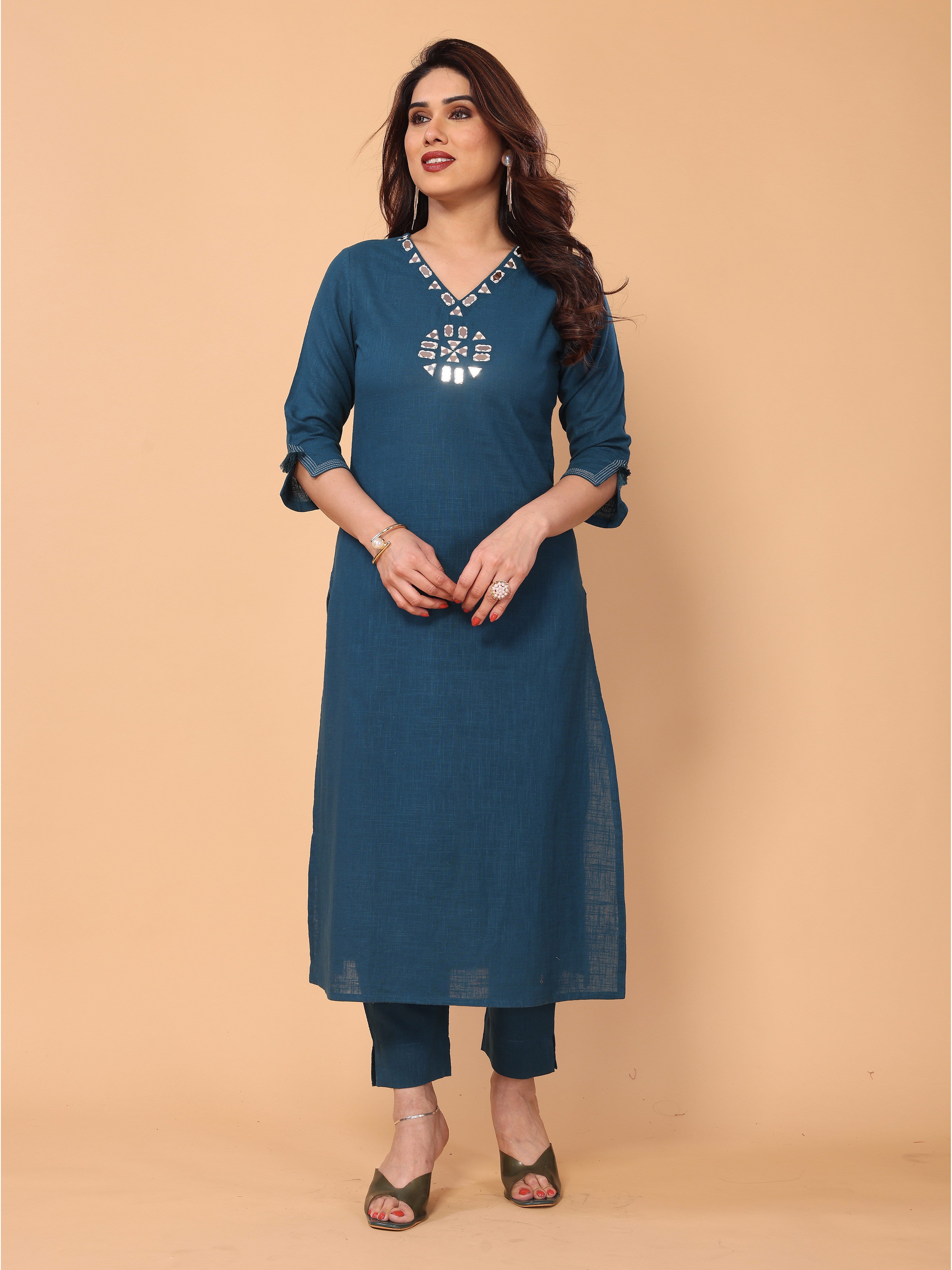 Stylish Cyan Blue Cotton Kurta Pant Set with Mirror Embellishments