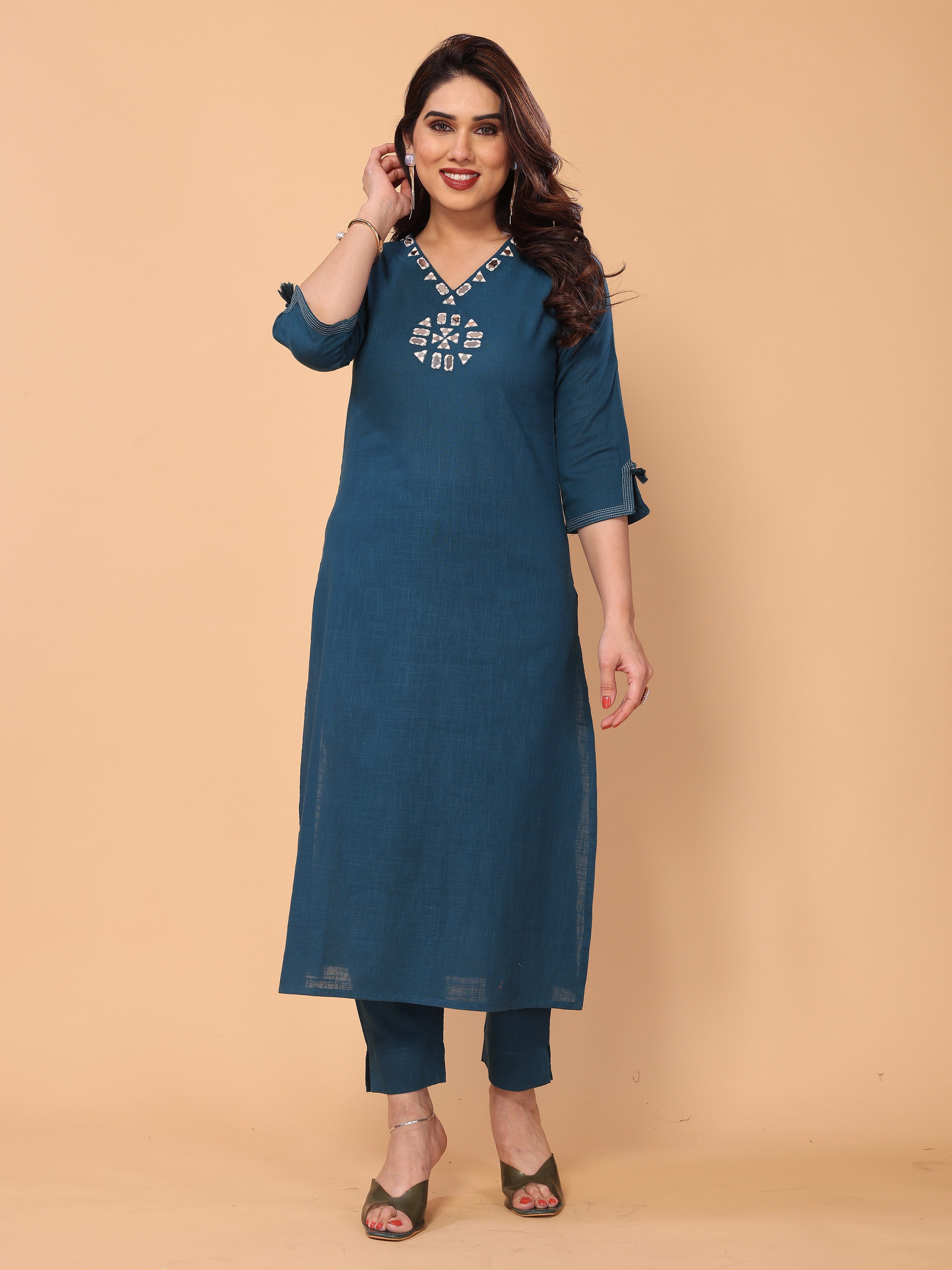 Stylish Cyan Blue Cotton Kurta Pant Set with Mirror Embellishments