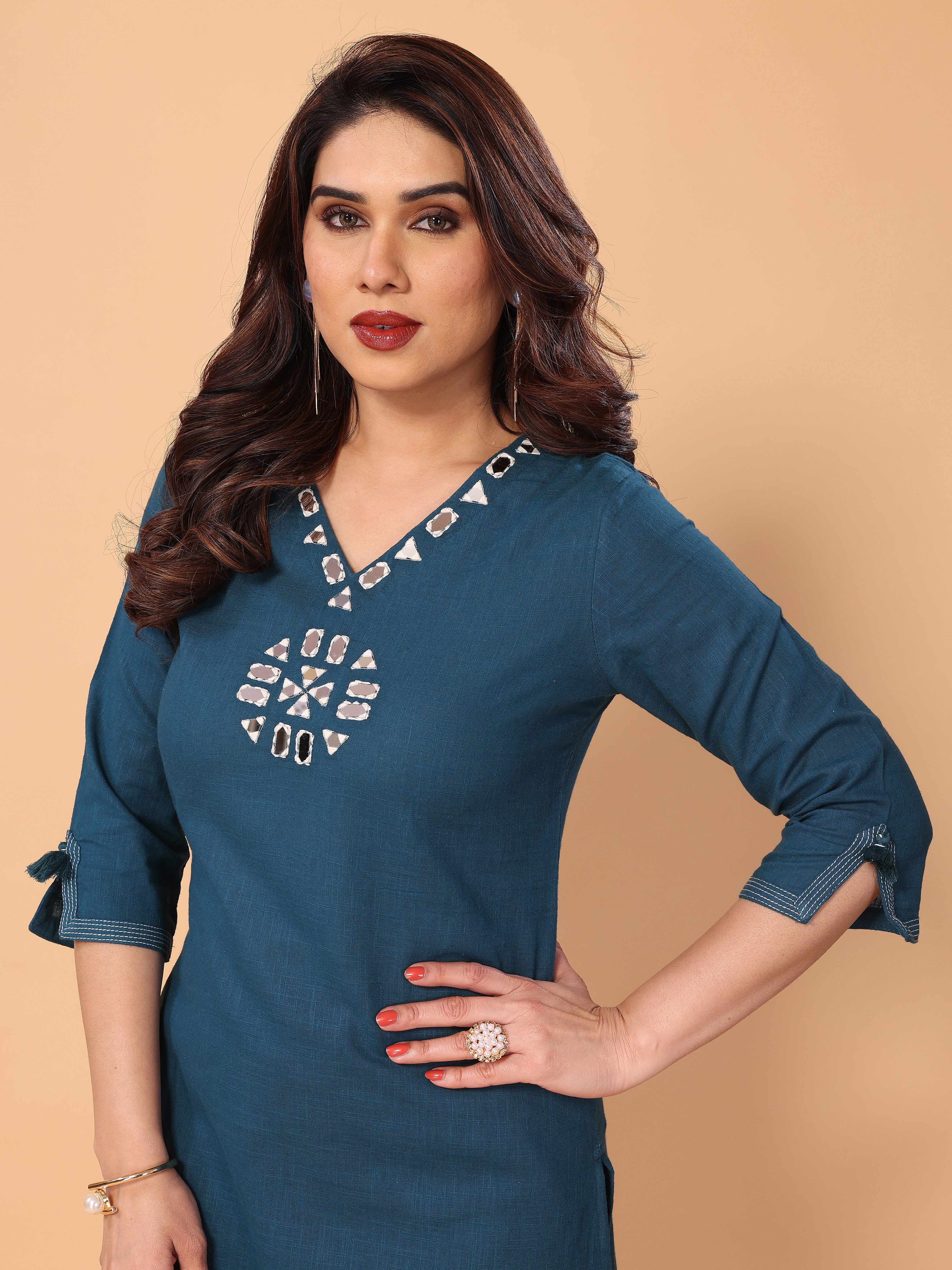 Stylish Cyan Blue Cotton Kurta Pant Set with Mirror Embellishments