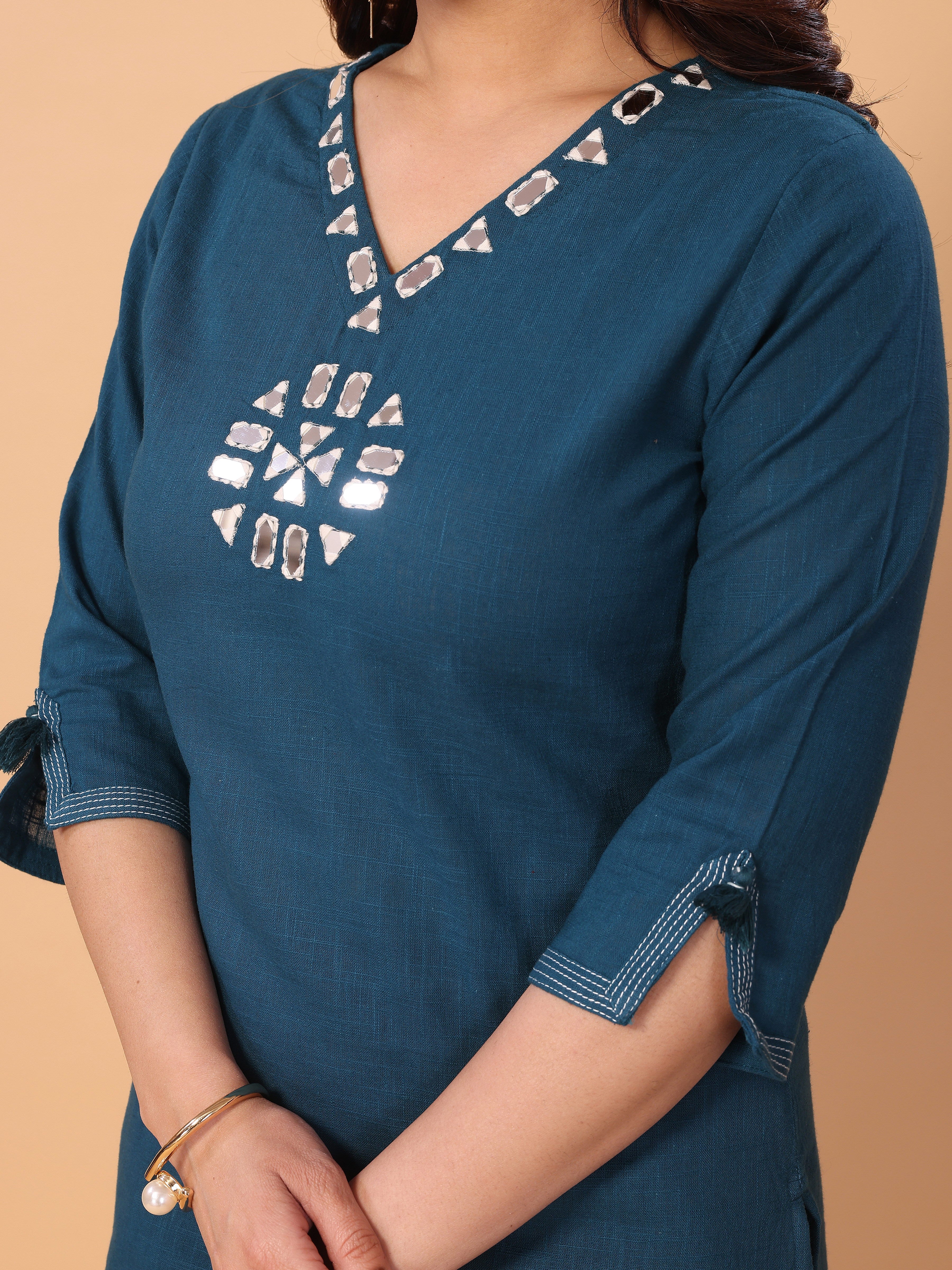 Stylish Cyan Blue Cotton Kurta Pant Set with Mirror Embellishments