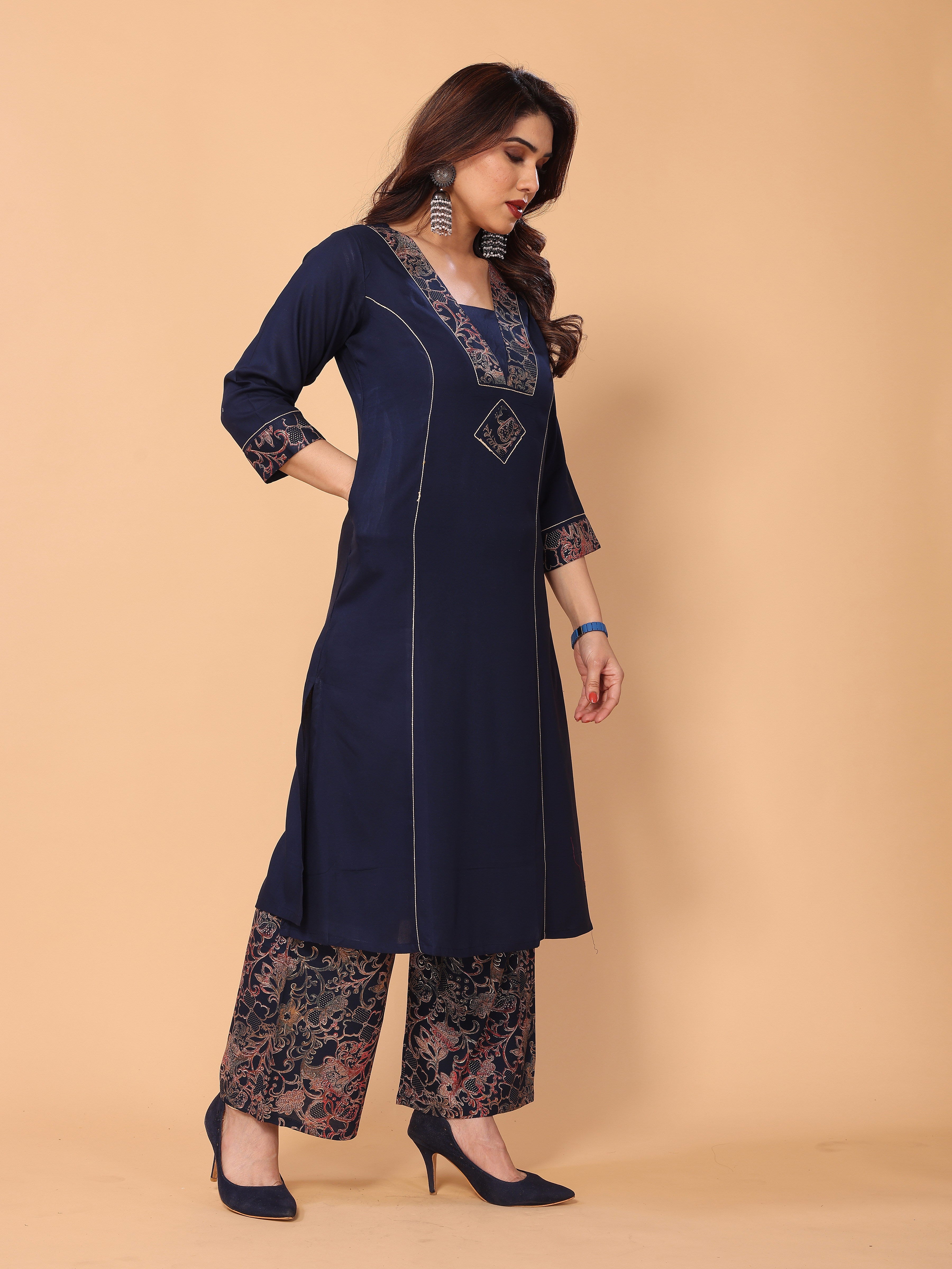 Stylish Navy Blue V Neck Foil Printed Kurta Palazzo Set