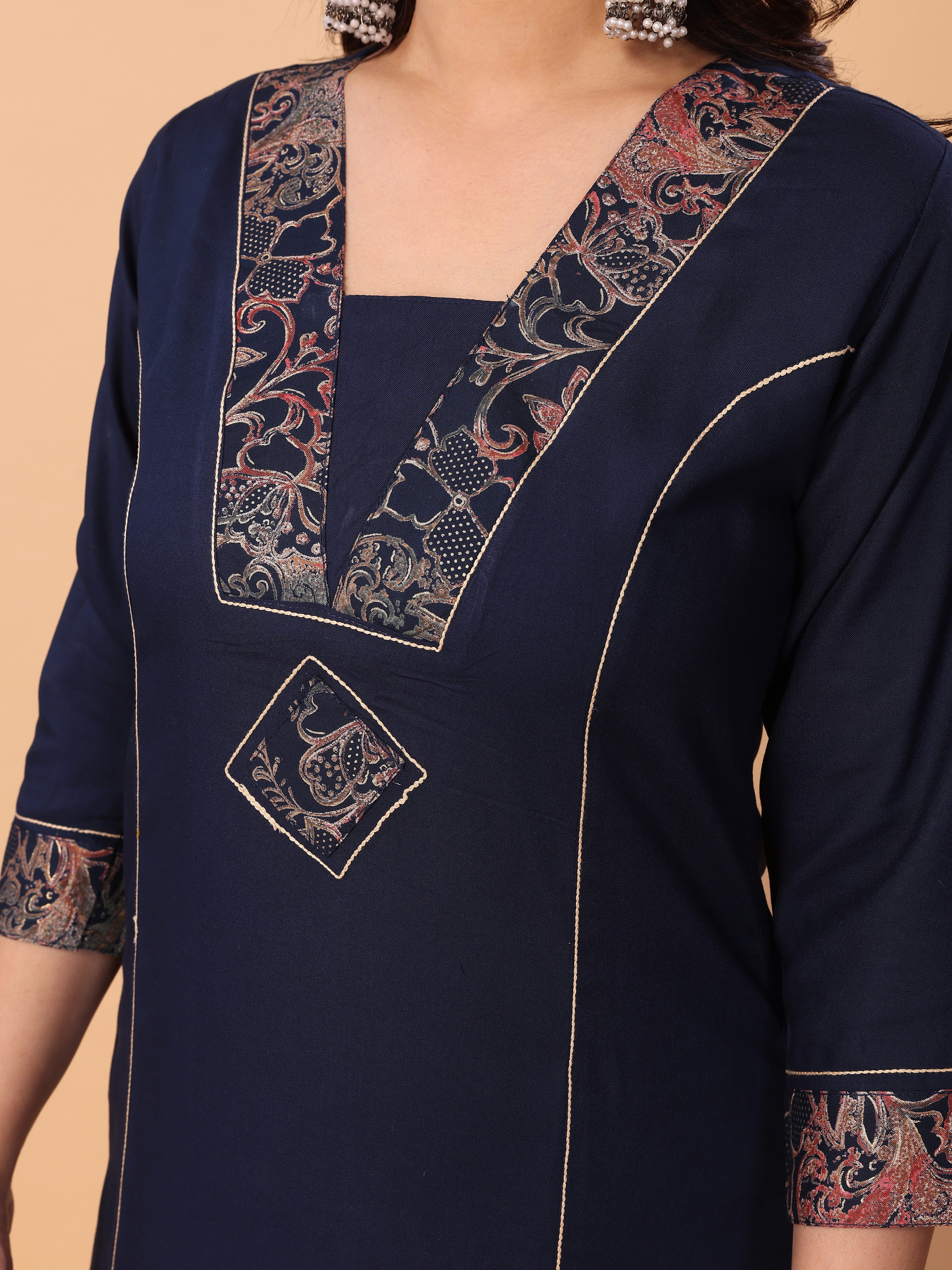 Stylish Navy Blue V Neck Foil Printed Kurta Palazzo Set