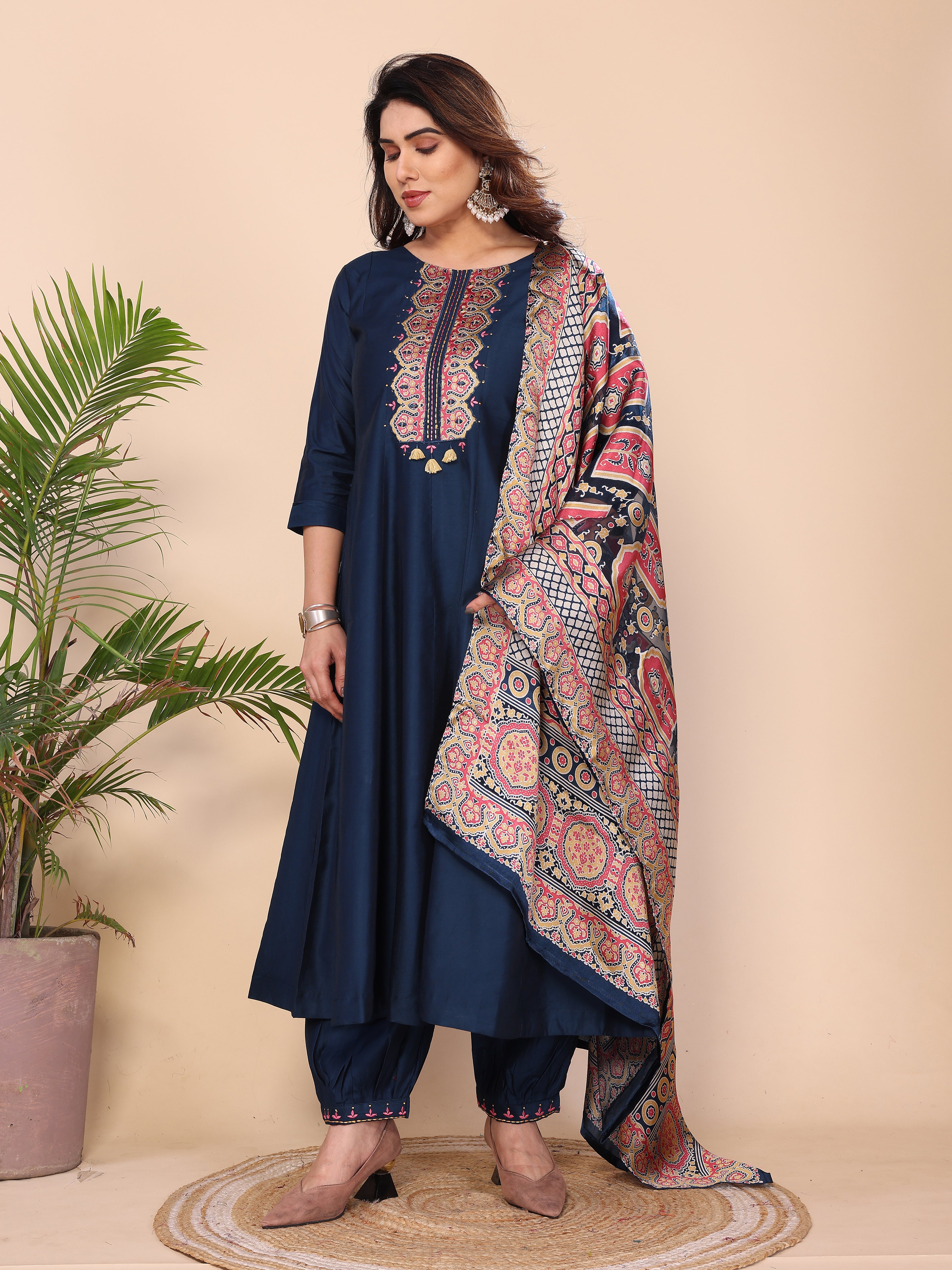 Floral Embroidered Notch Neck Sequinned Kurta With Dhoti Pants & Dupatta