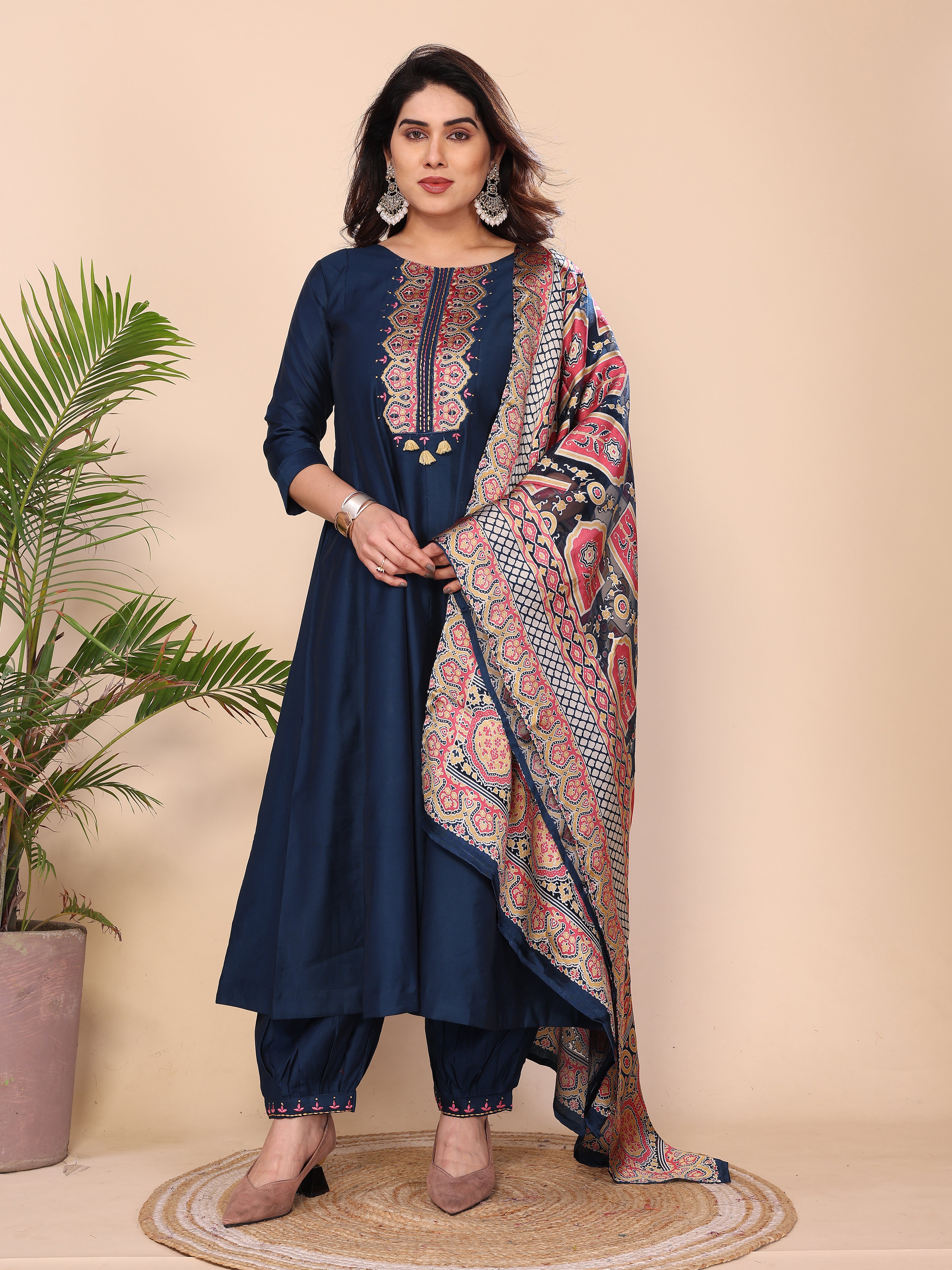 Floral Embroidered Notch Neck Sequinned Kurta With Dhoti Pants & Dupatta