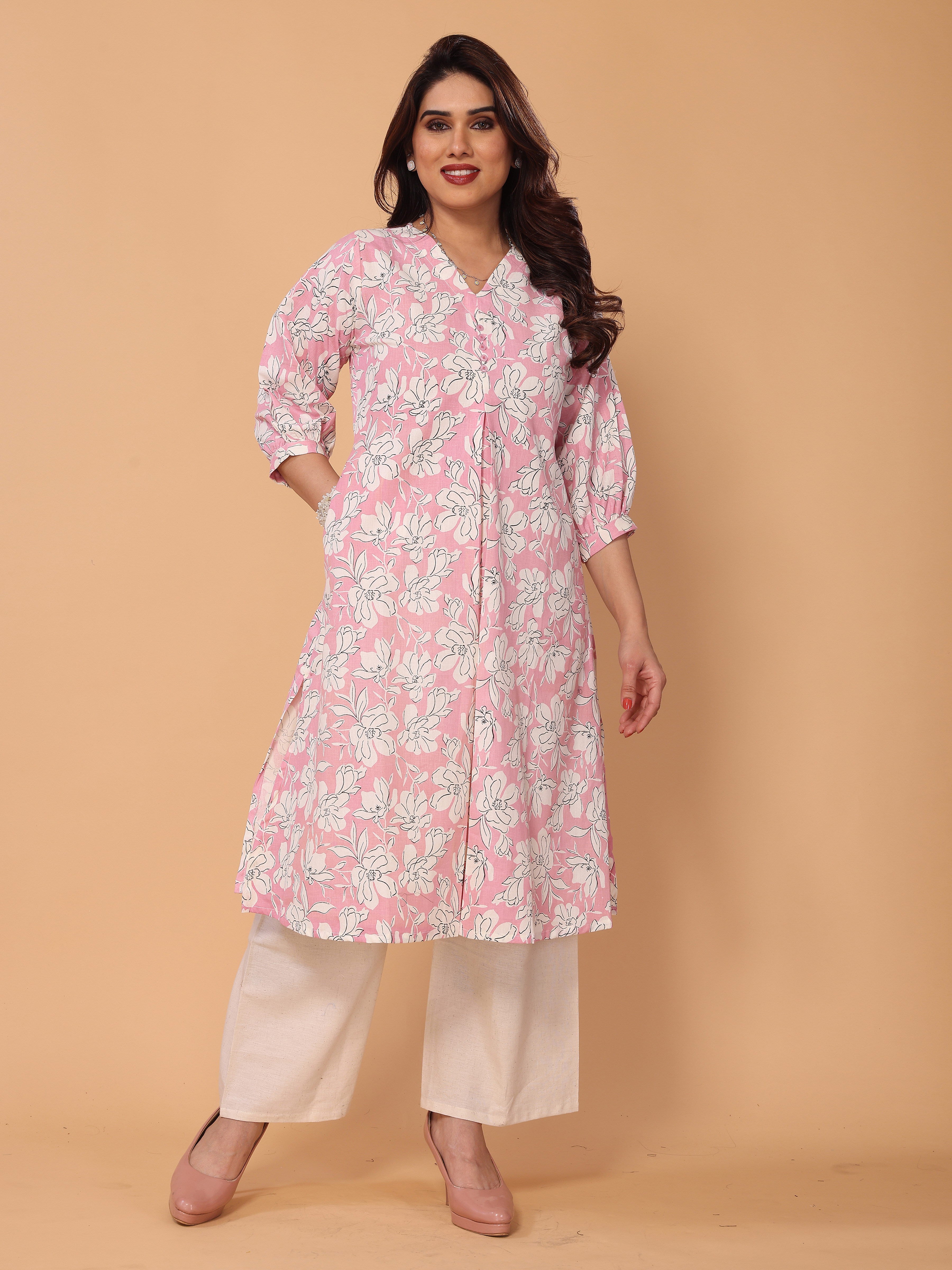 Pink Floral Print Kurta Palazzo Set in Cotton – Stylish & Comfortable
