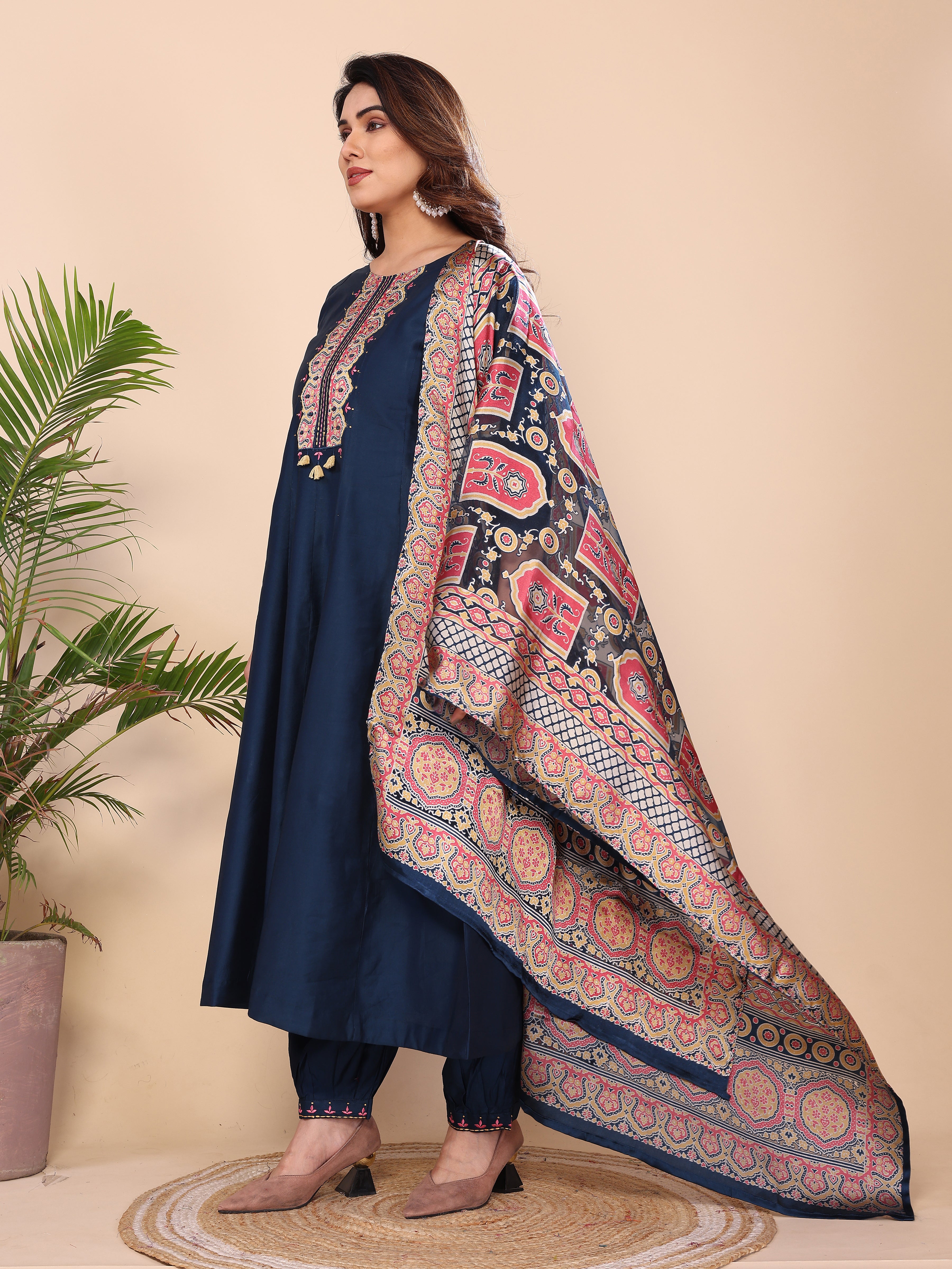 Floral Embroidered Notch Neck Sequinned Kurta With Dhoti Pants & Dupatta