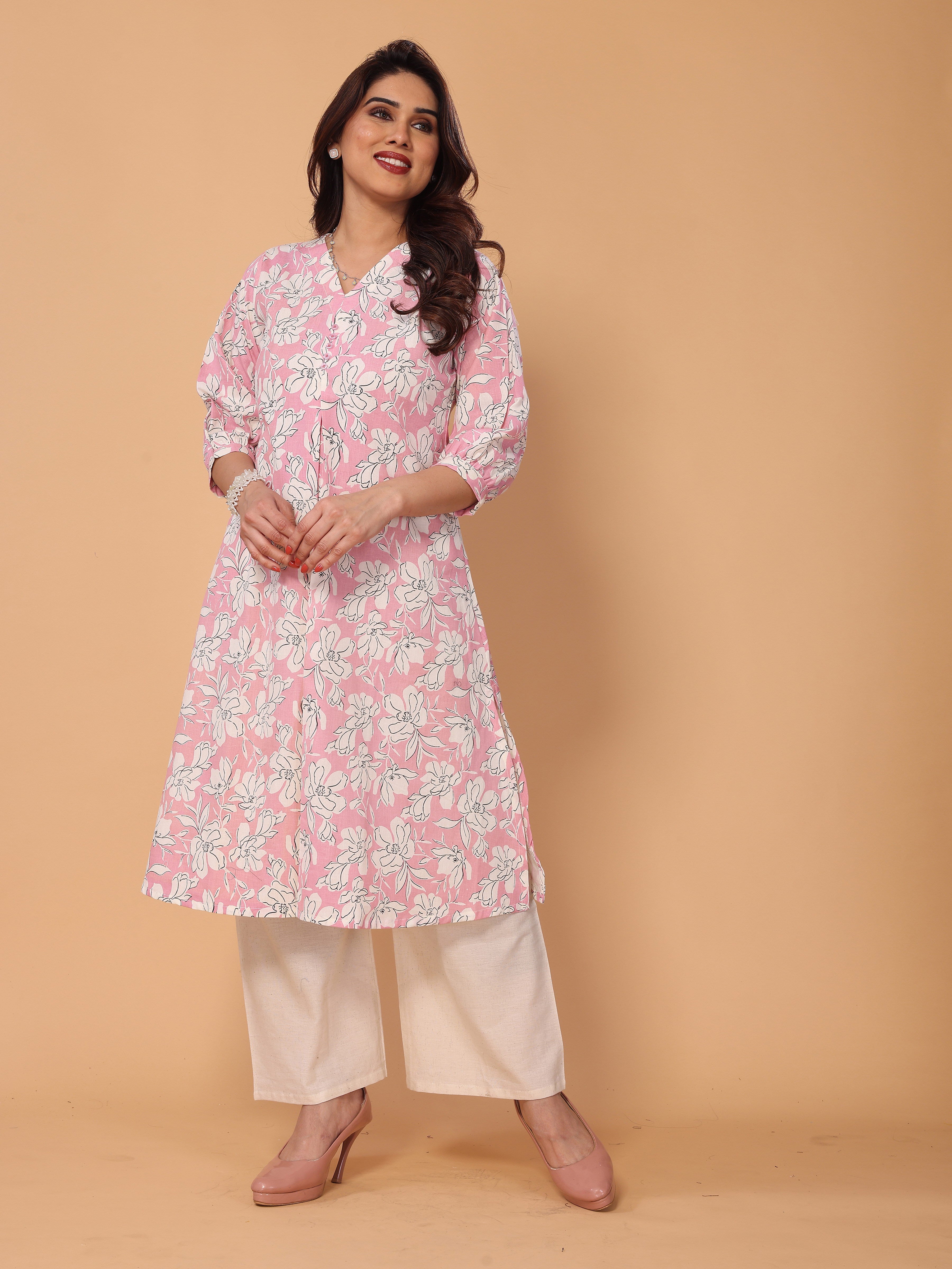 Pink Floral Print Kurta Palazzo Set in Cotton – Stylish & Comfortable