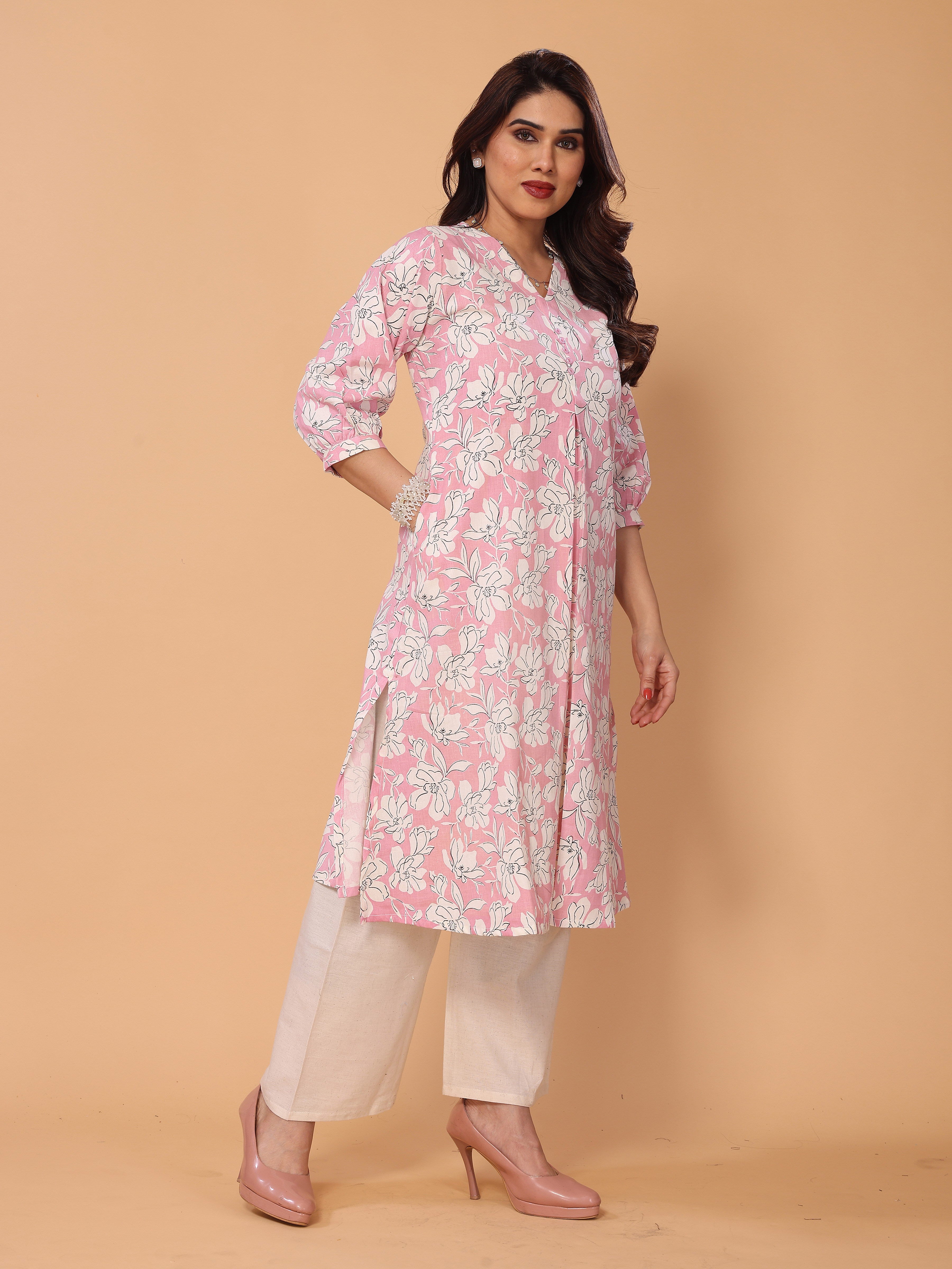 Pink Floral Print Kurta Palazzo Set in Cotton – Stylish & Comfortable