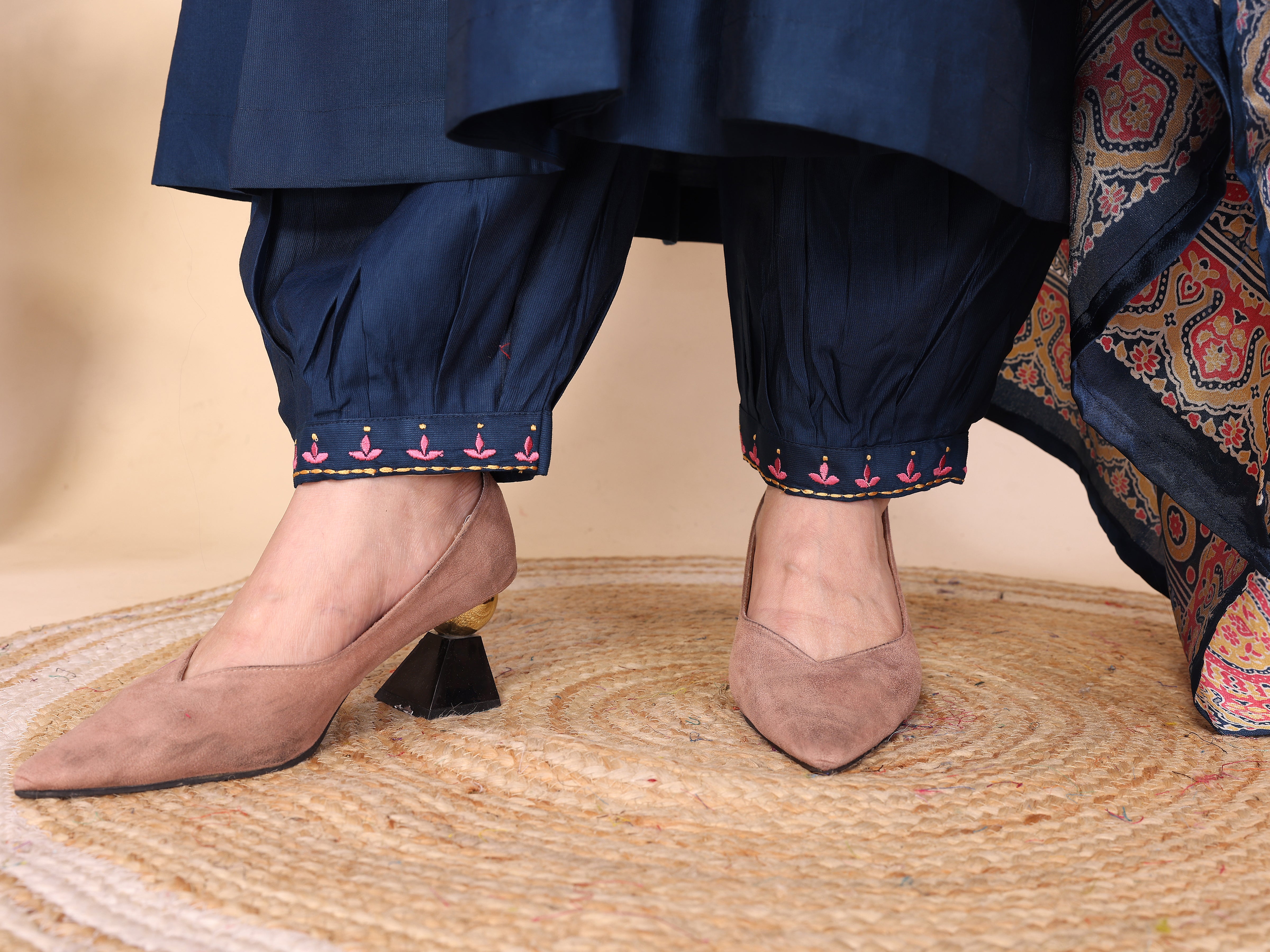Floral Embroidered Notch Neck Sequinned Kurta With Dhoti Pants & Dupatta