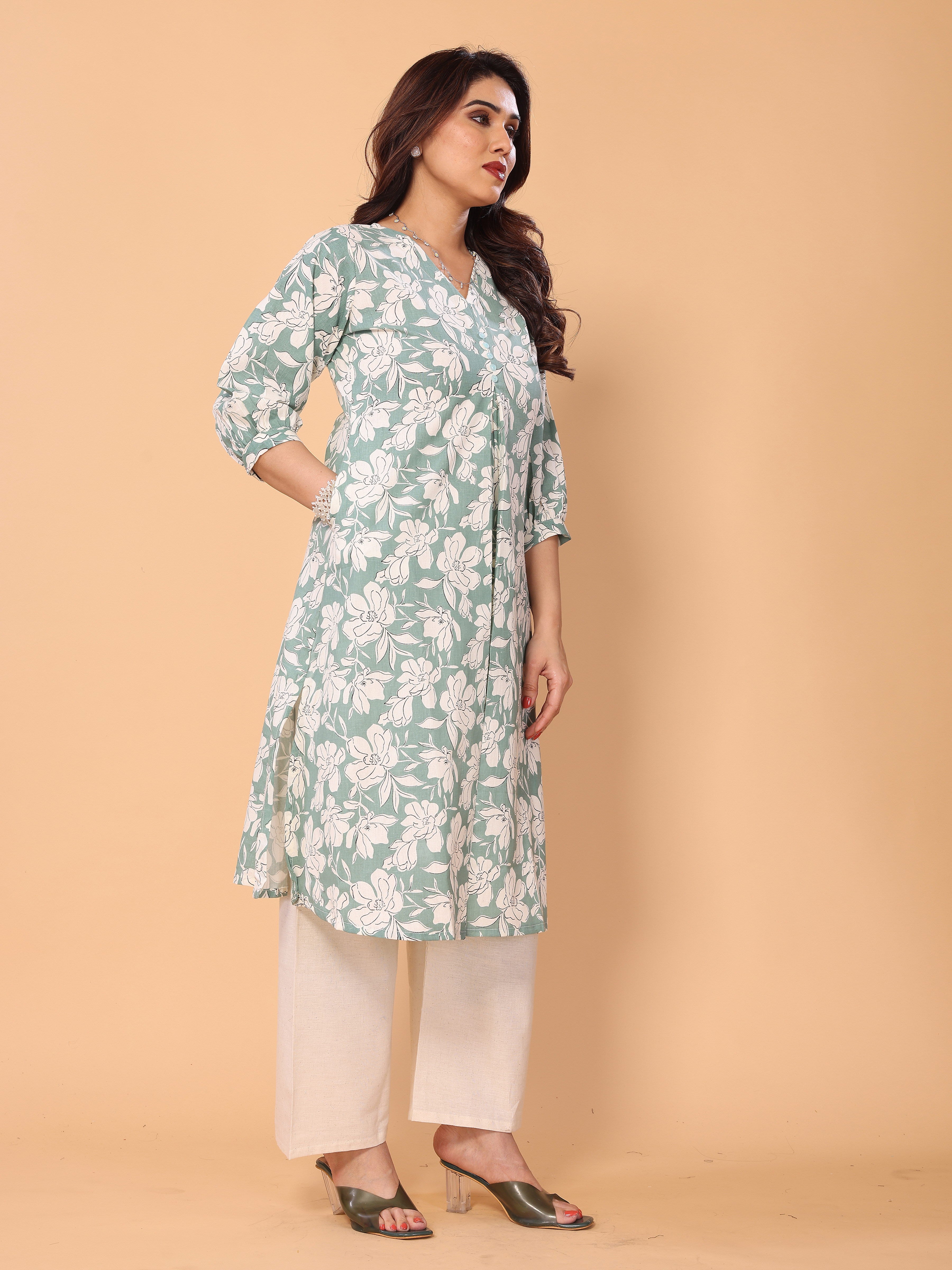 Green Floral Print Kurta Palazzo Set in Cotton – Stylish & Comfortable