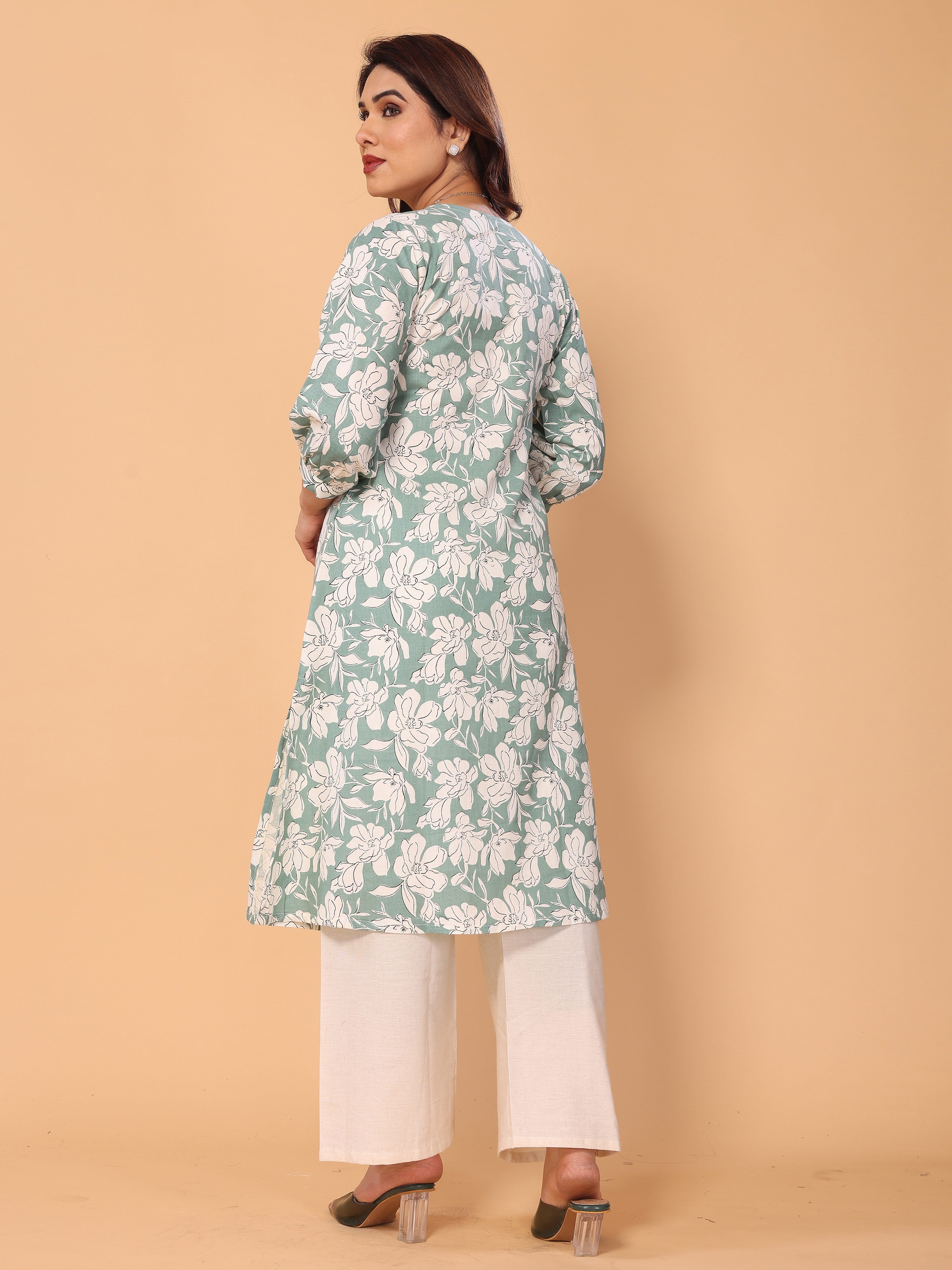 Green Floral Print Kurta Palazzo Set in Cotton – Stylish & Comfortable