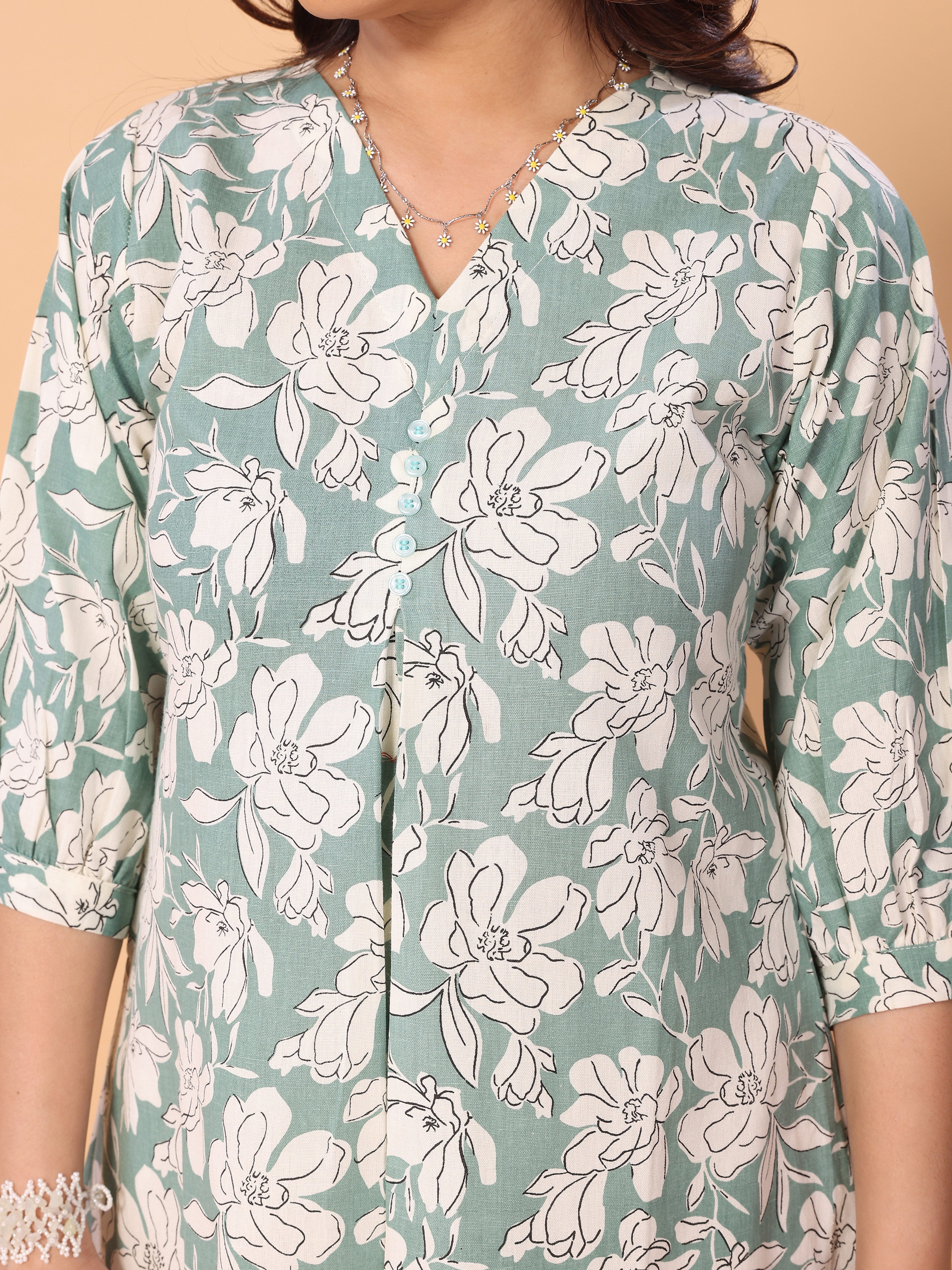 Green Floral Print Kurta Palazzo Set in Cotton – Stylish & Comfortable