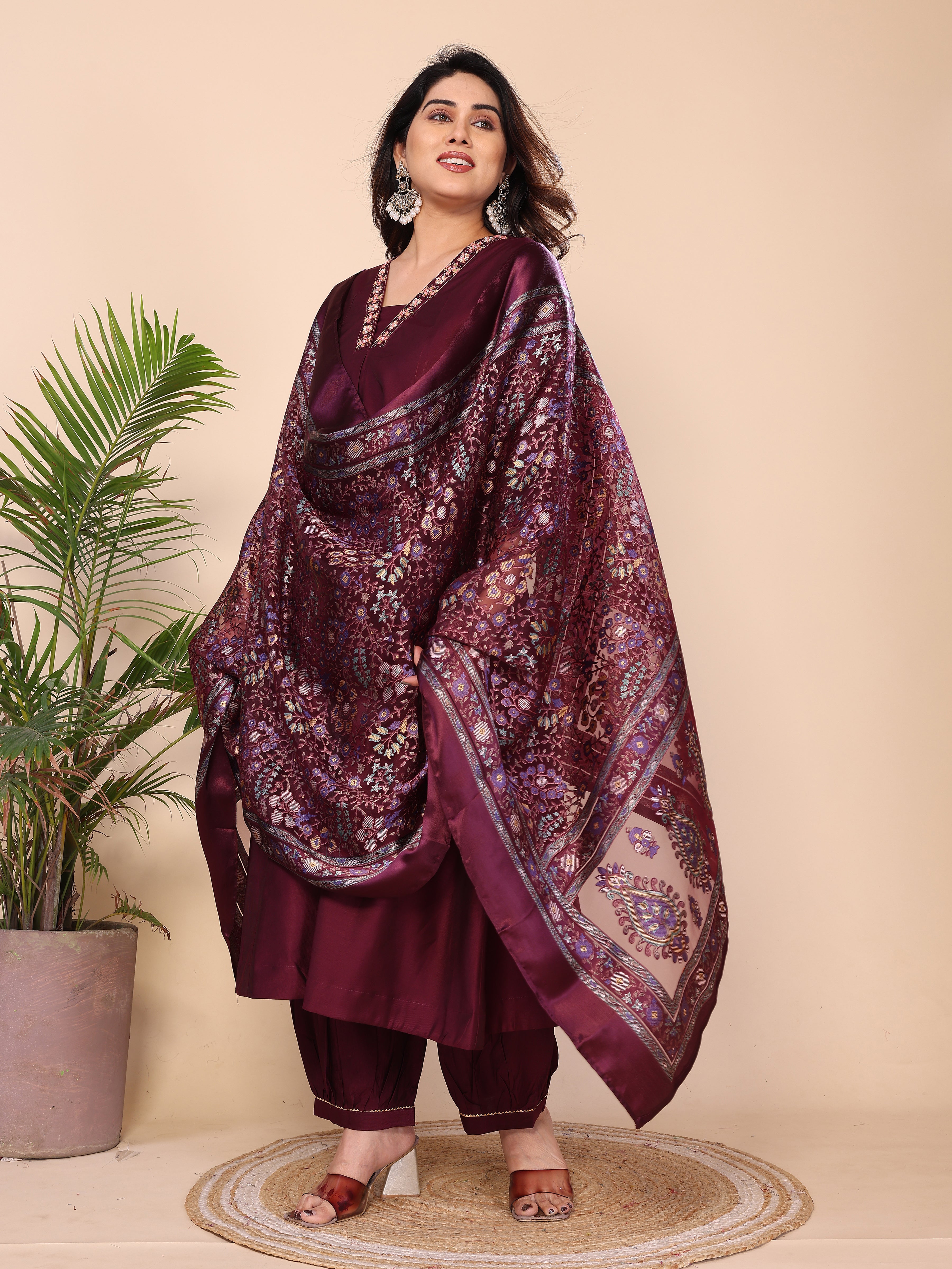 Floral Embroidered Notch Neck Zari Anarkali Kurta With Dhoti Pants & Dupatta