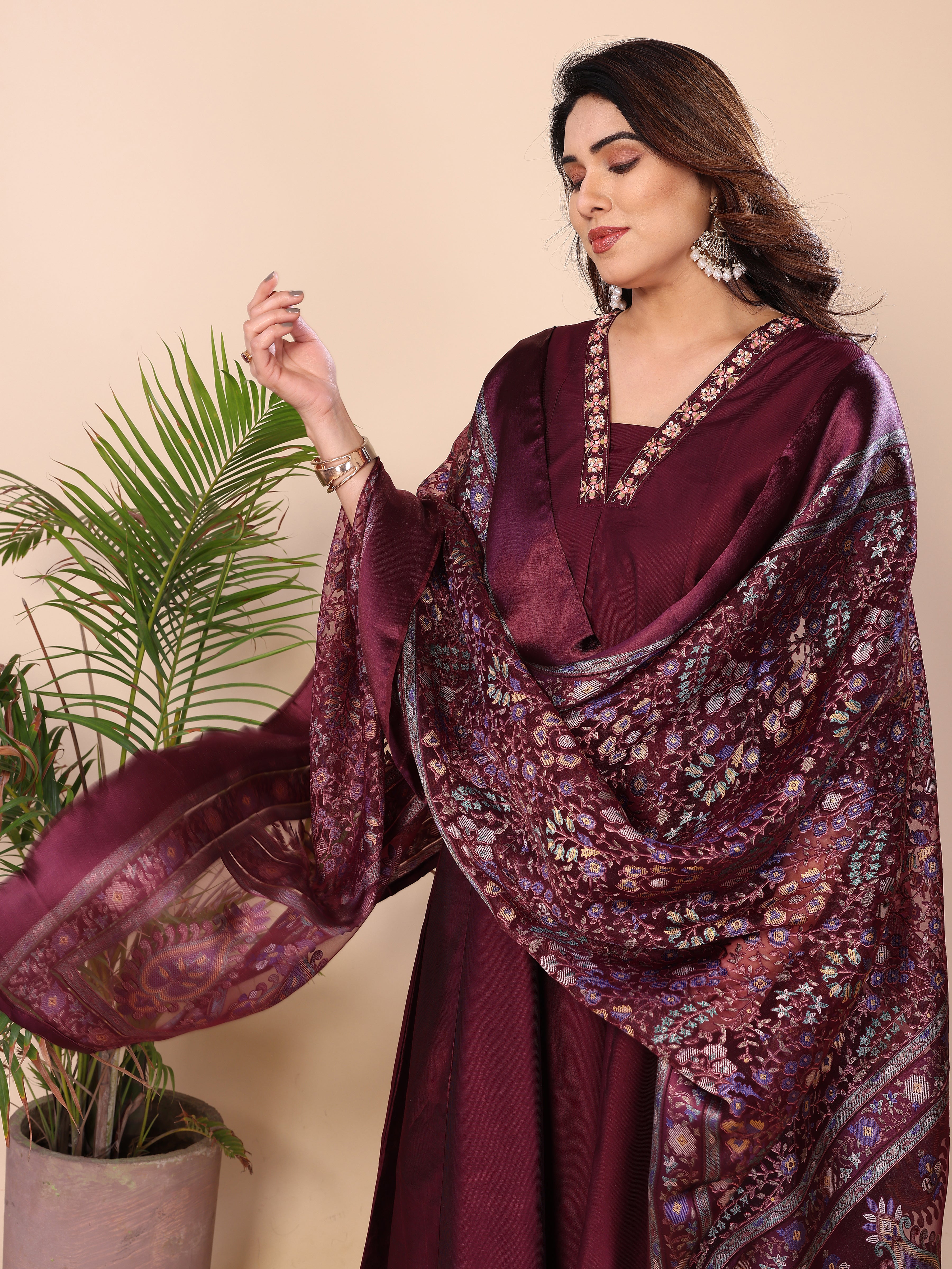 Floral Embroidered Notch Neck Zari Anarkali Kurta With Dhoti Pants & Dupatta