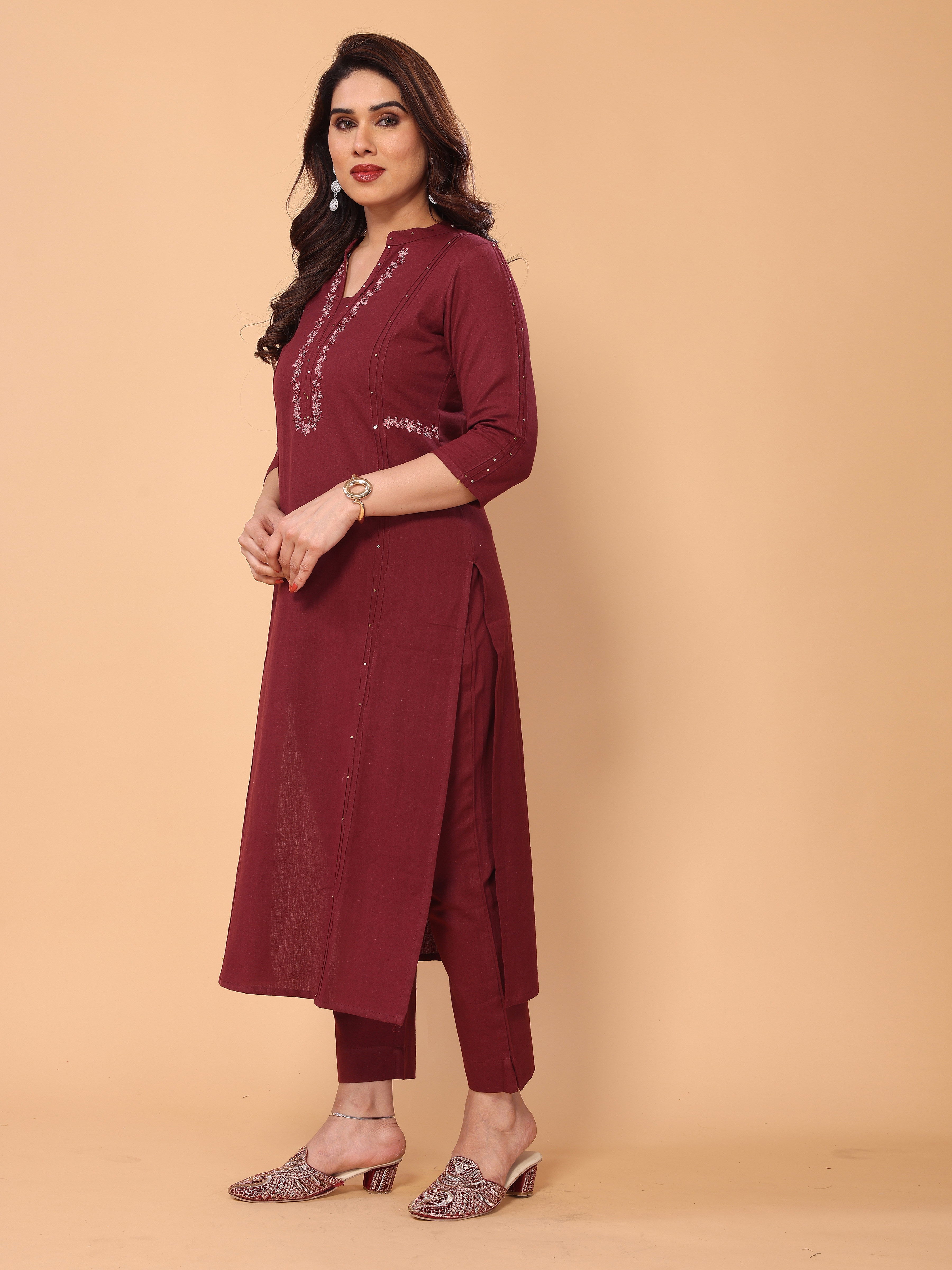 Embroidered Maroon Kurta Pant Set in Cotton