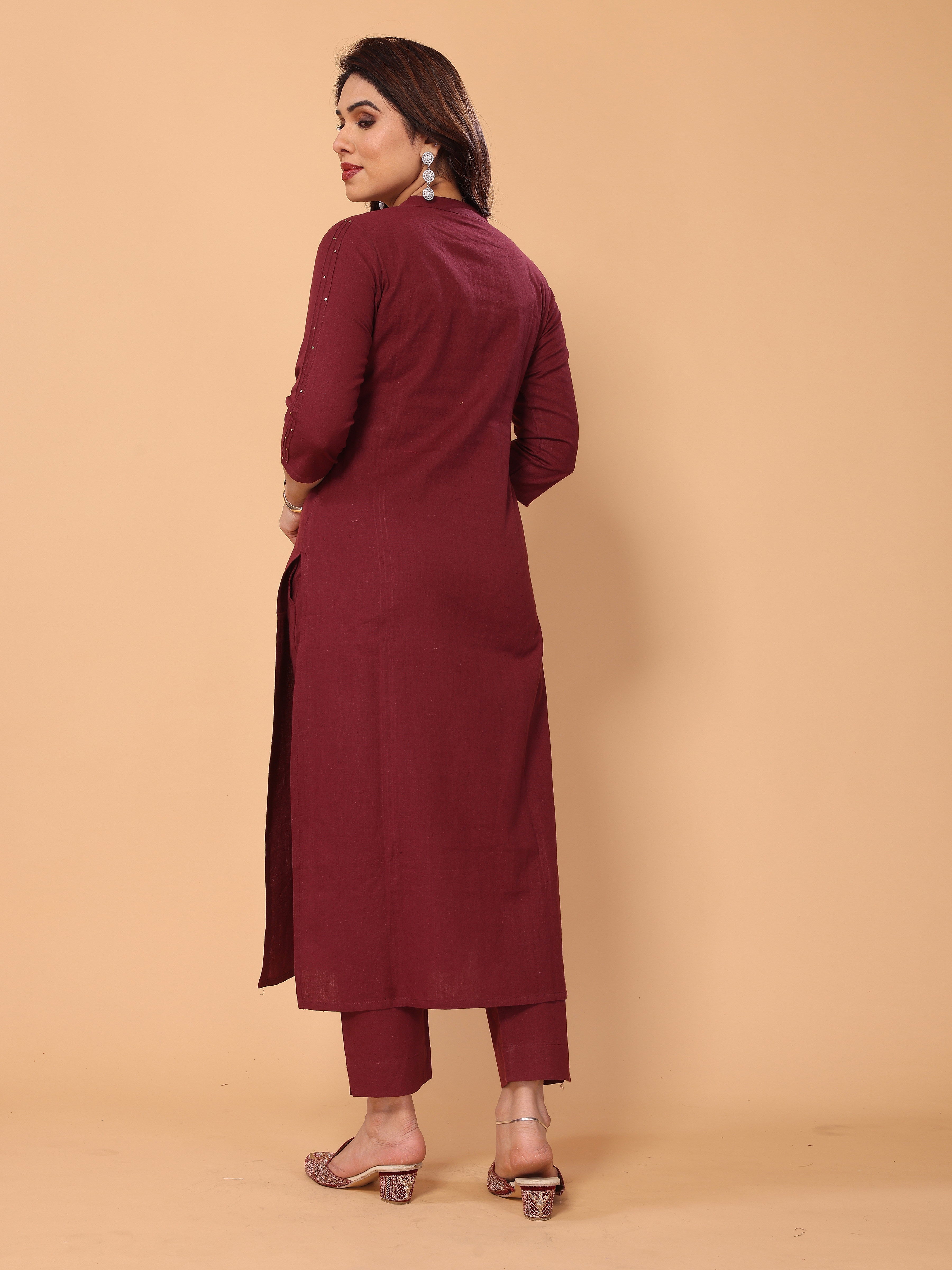 Embroidered Maroon Kurta Pant Set in Cotton