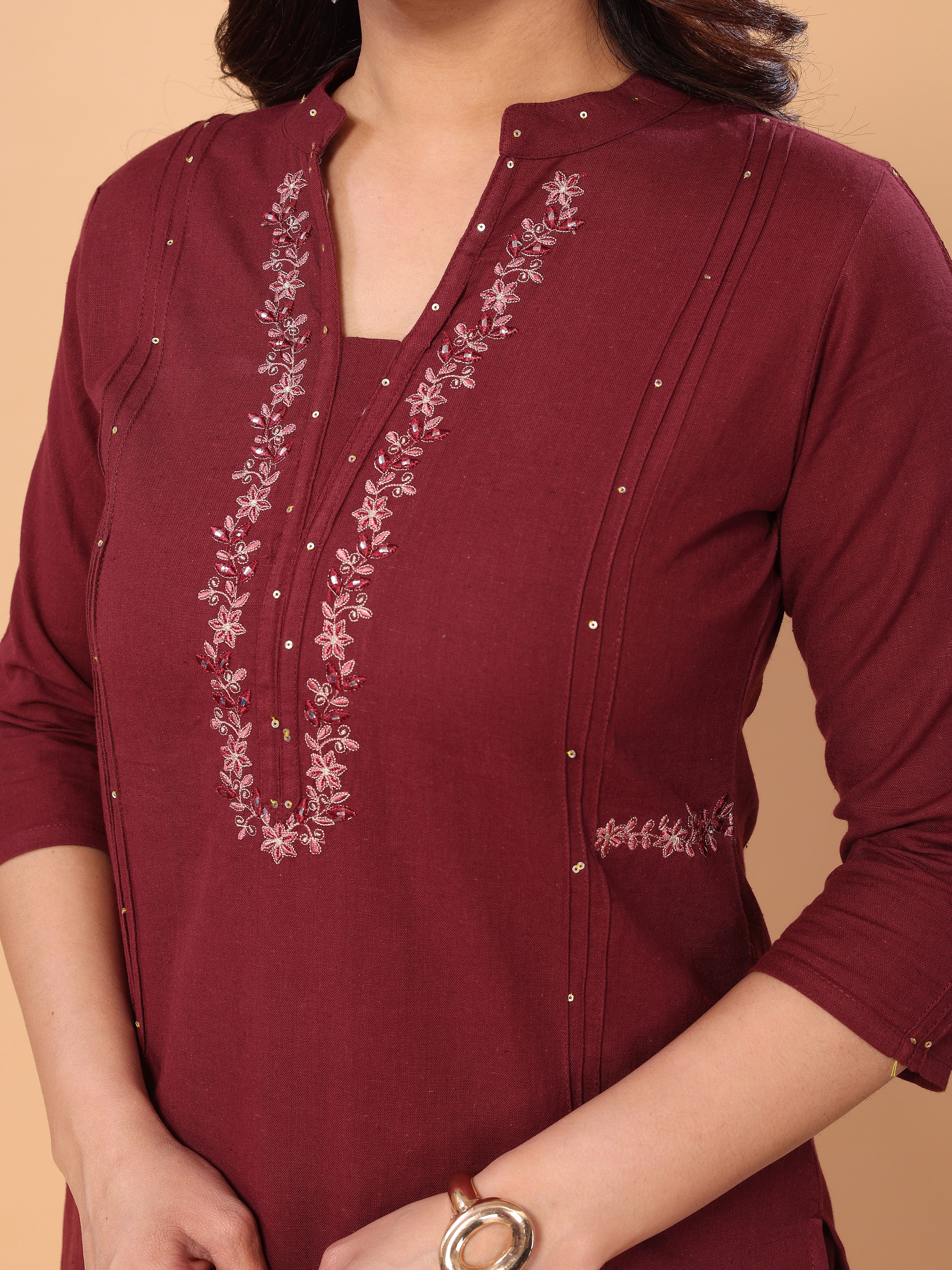 Embroidered Maroon Kurta Pant Set in Cotton