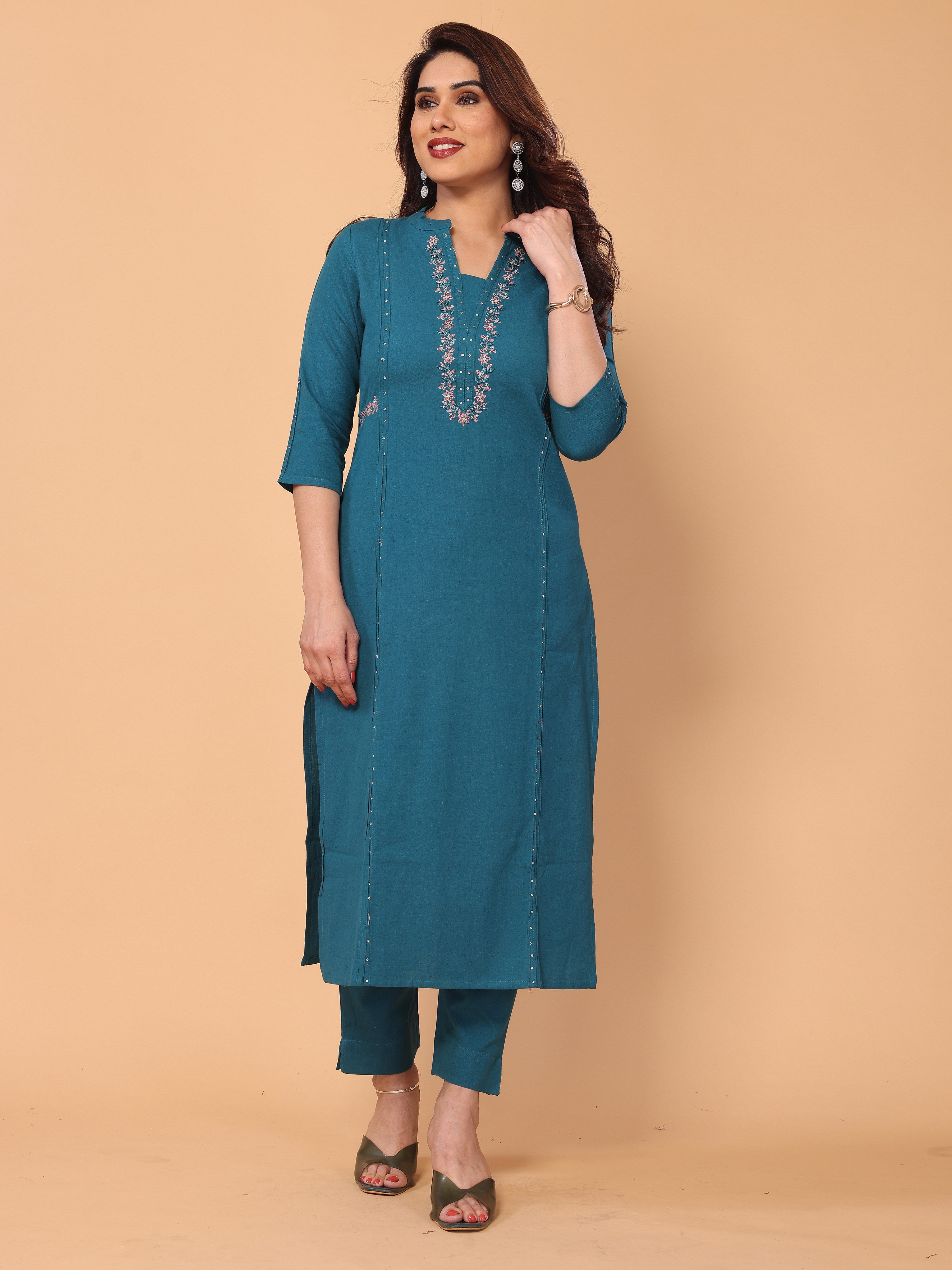 Embroidered Cyan Blue Kurta Pant Set in Cotton