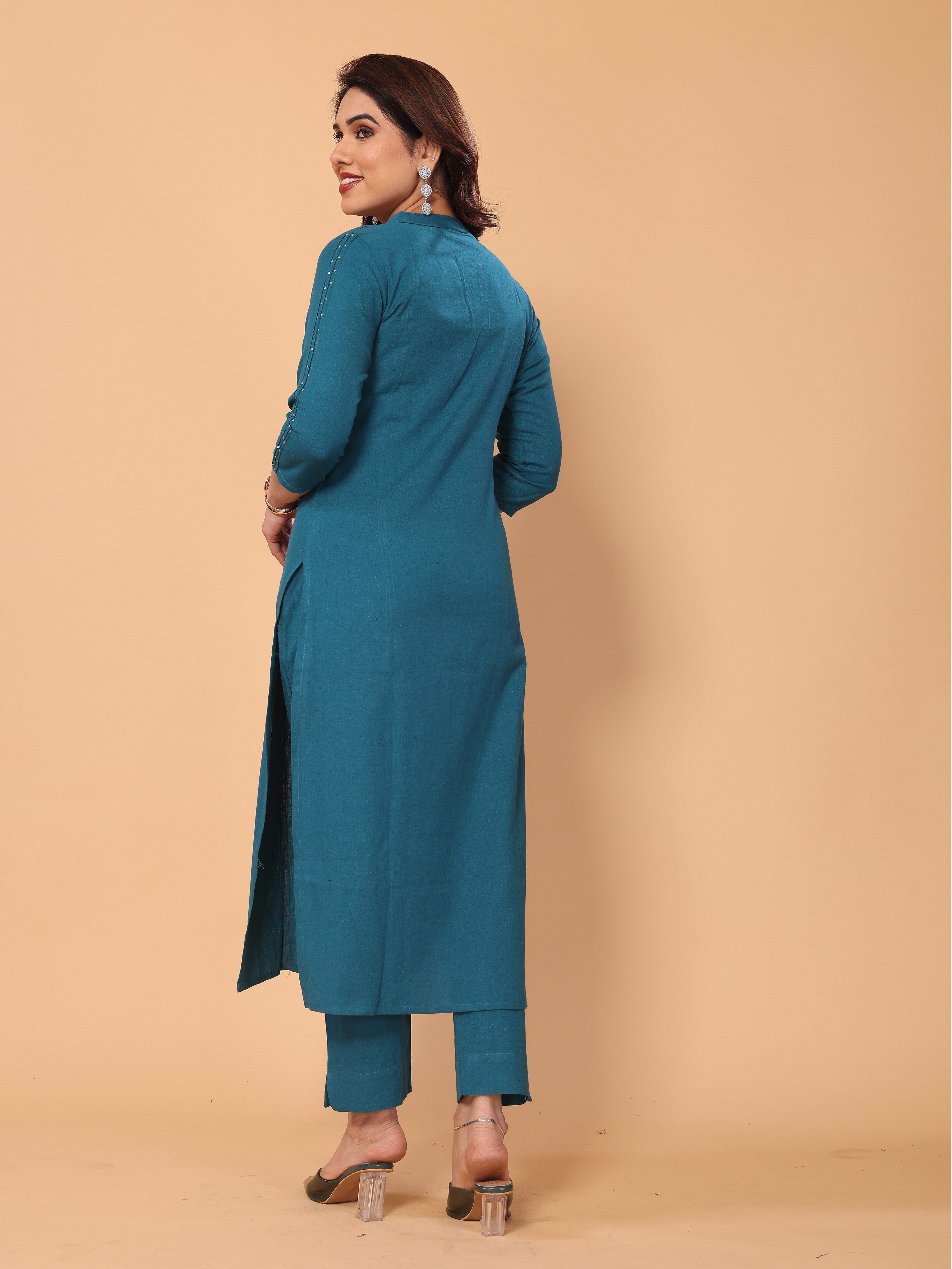 Embroidered Cyan Blue Kurta Pant Set in Cotton