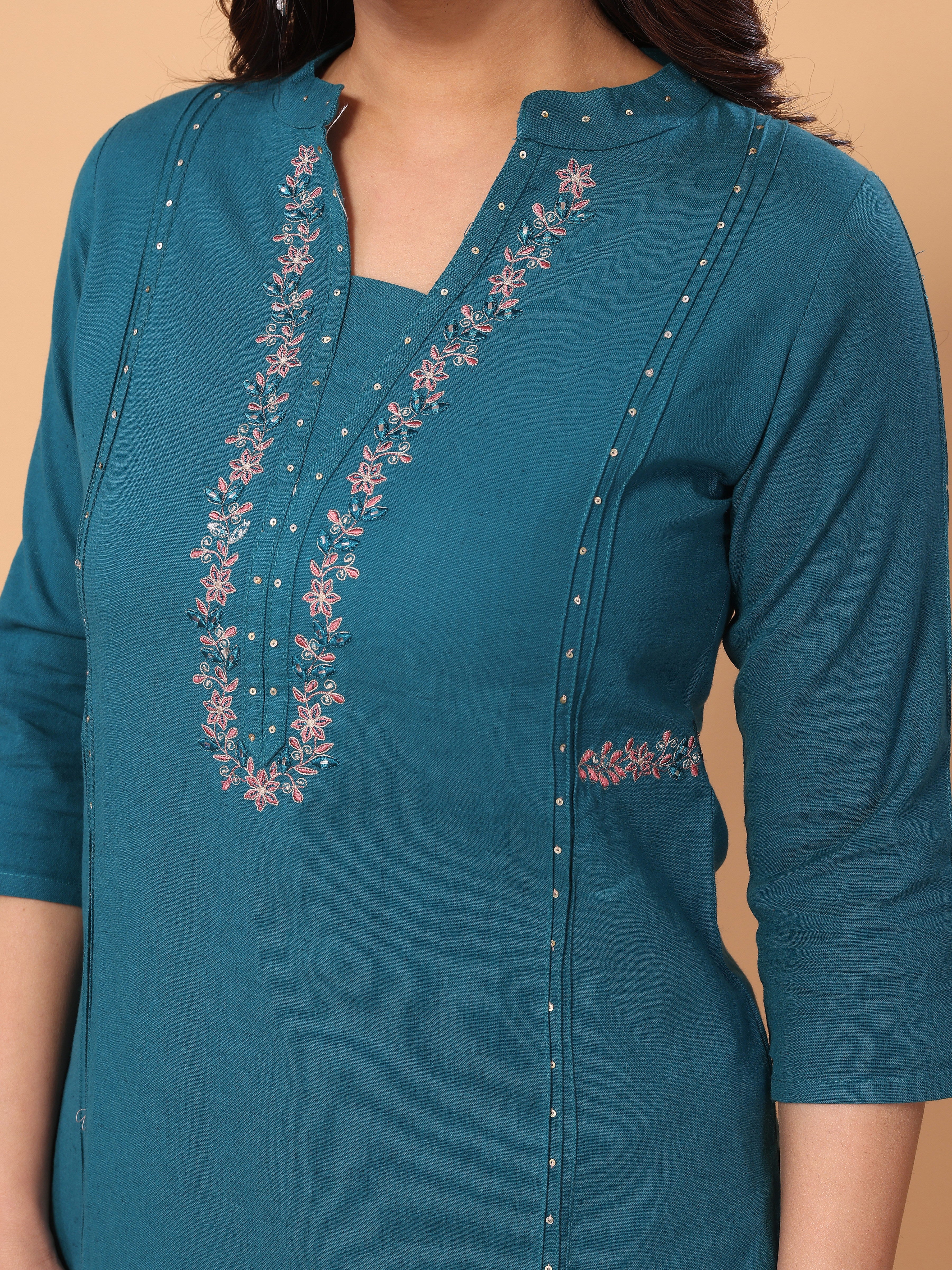 Embroidered Cyan Blue Kurta Pant Set in Cotton