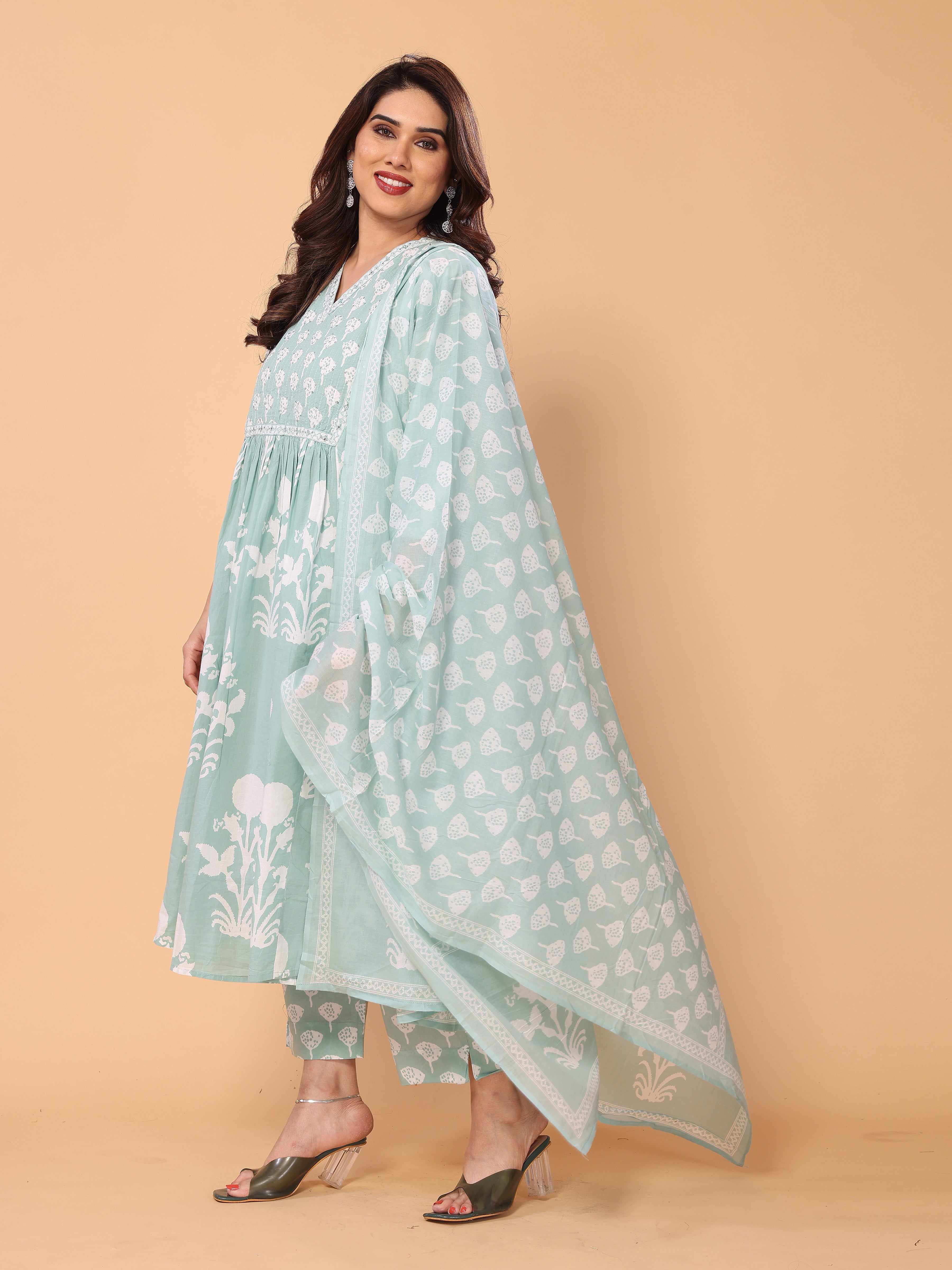 Fresh & Floral: Light Cyan Green Kurta Pant Set