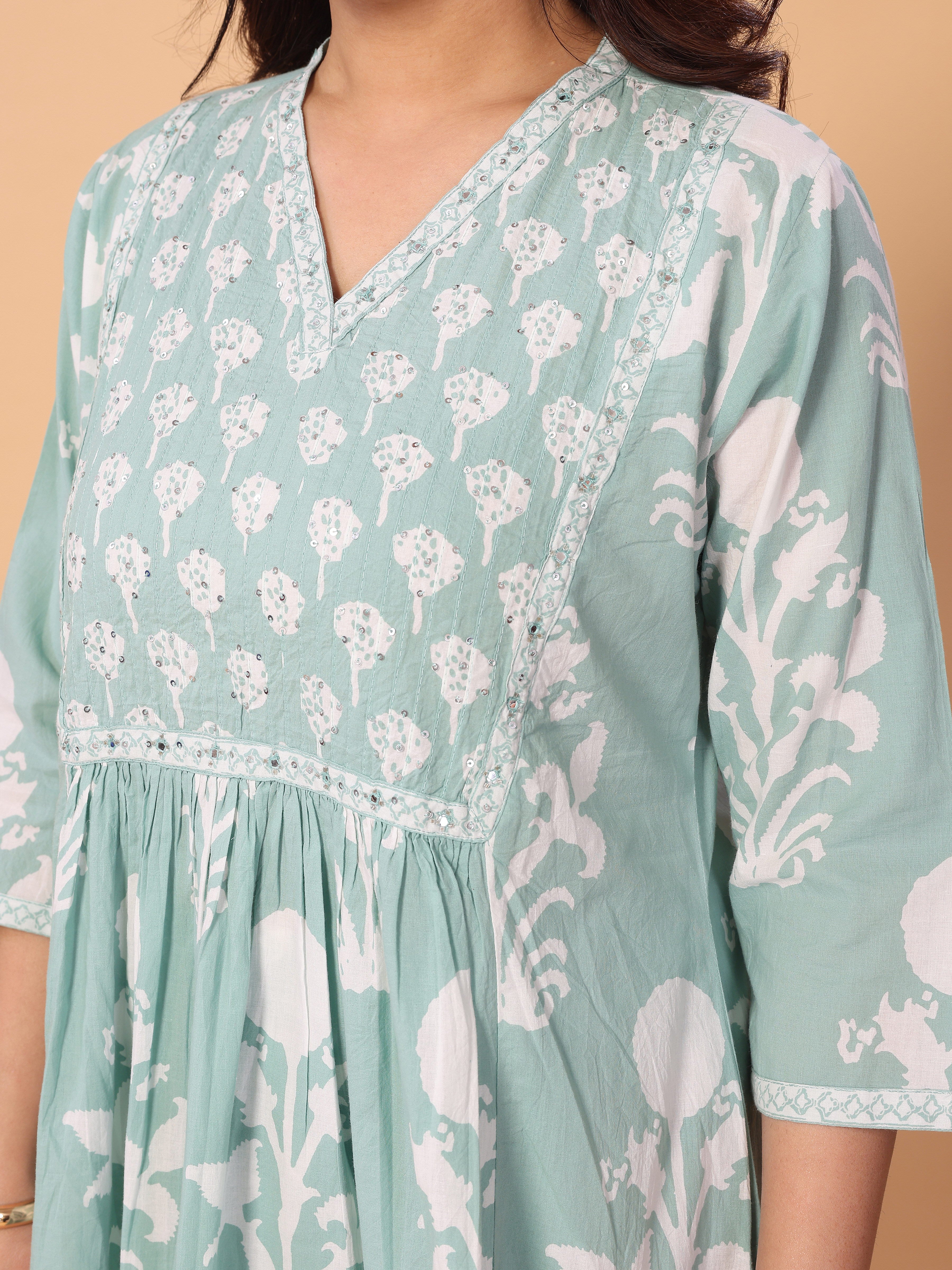Fresh & Floral: Light Cyan Green Kurta Pant Set