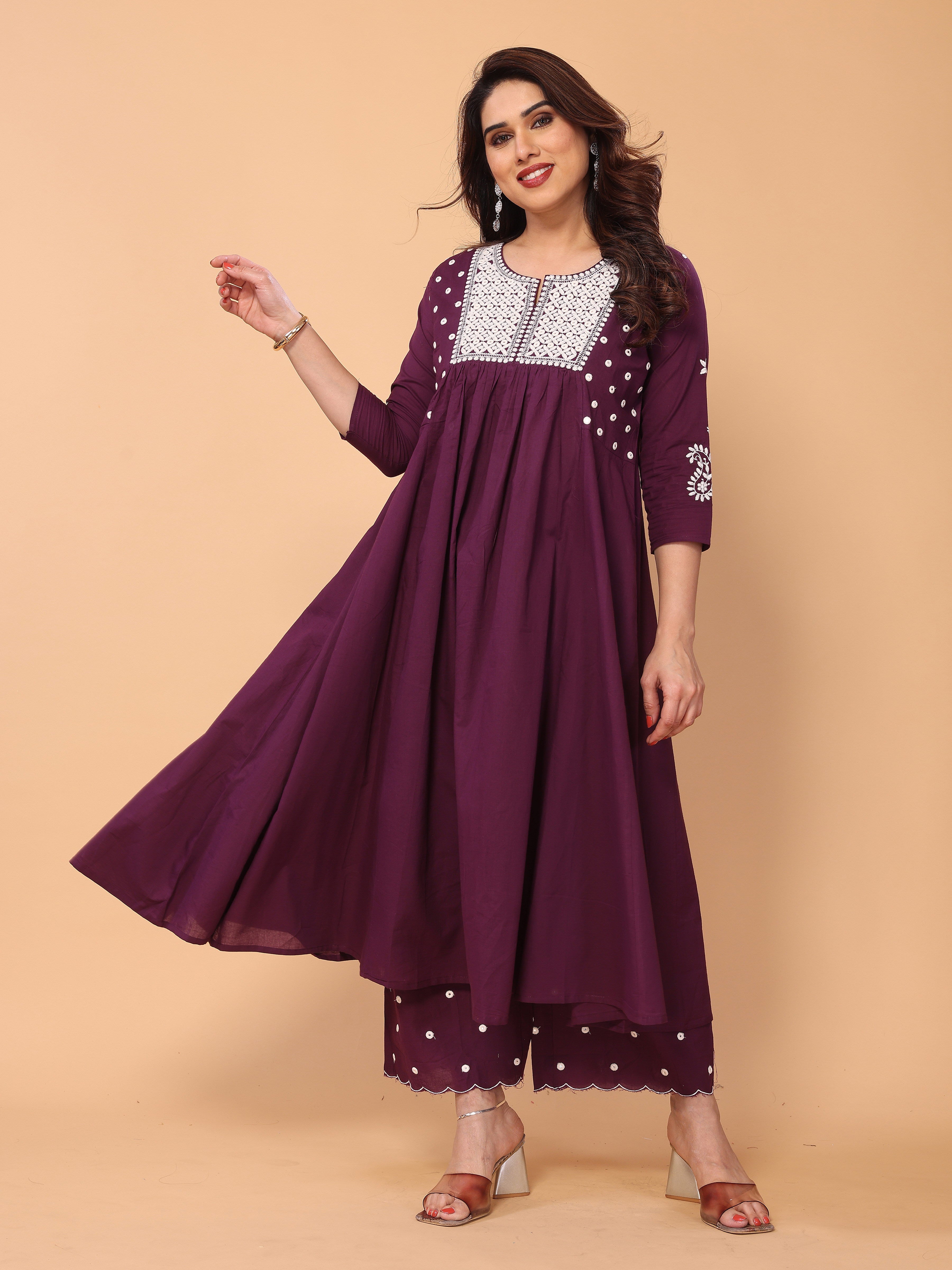 Wine Berry Flared A-Line Mirror Embellished Kurta Palazzo Set