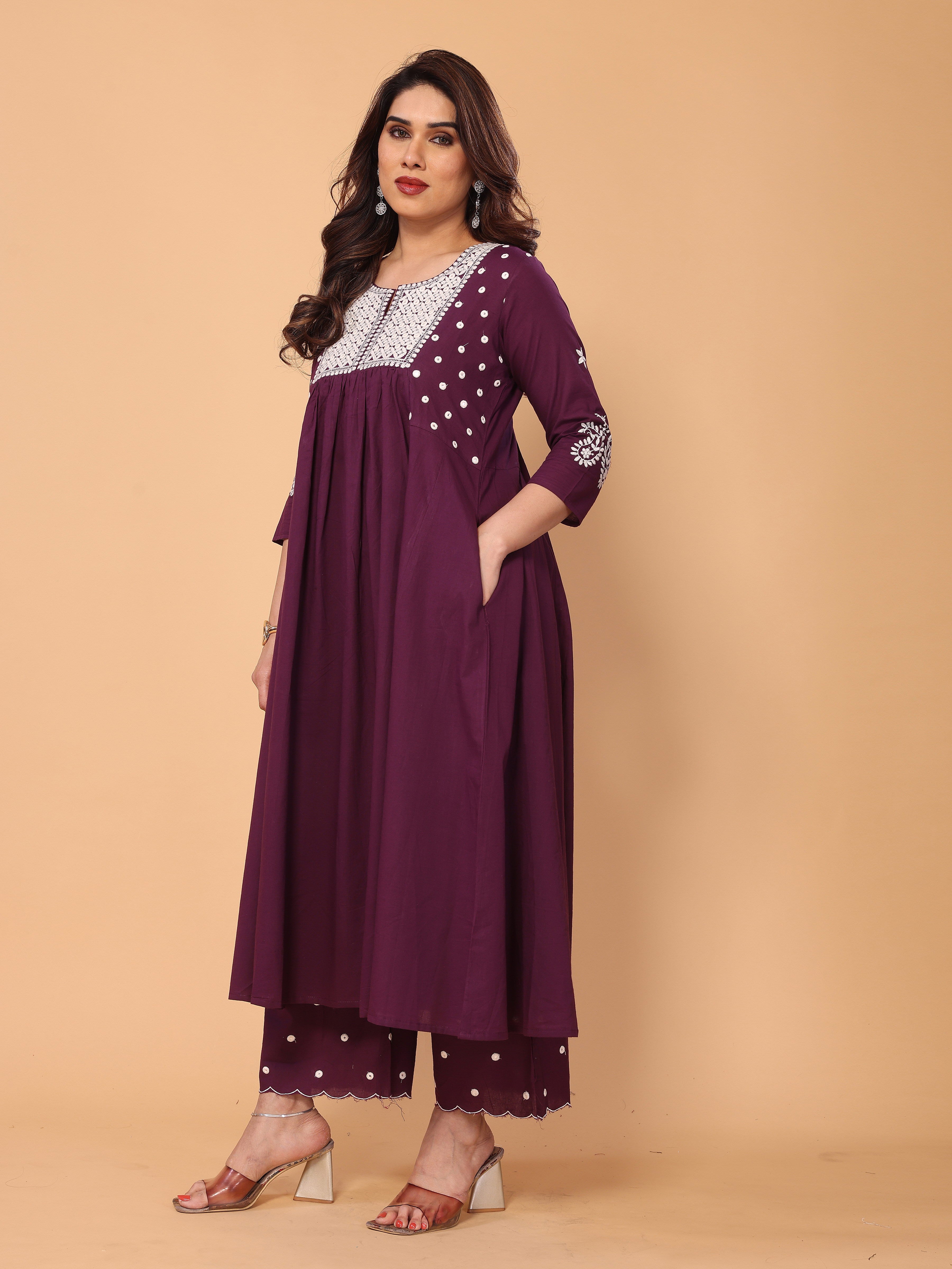 Wine Berry Flared A-Line Mirror Embellished Kurta Palazzo Set