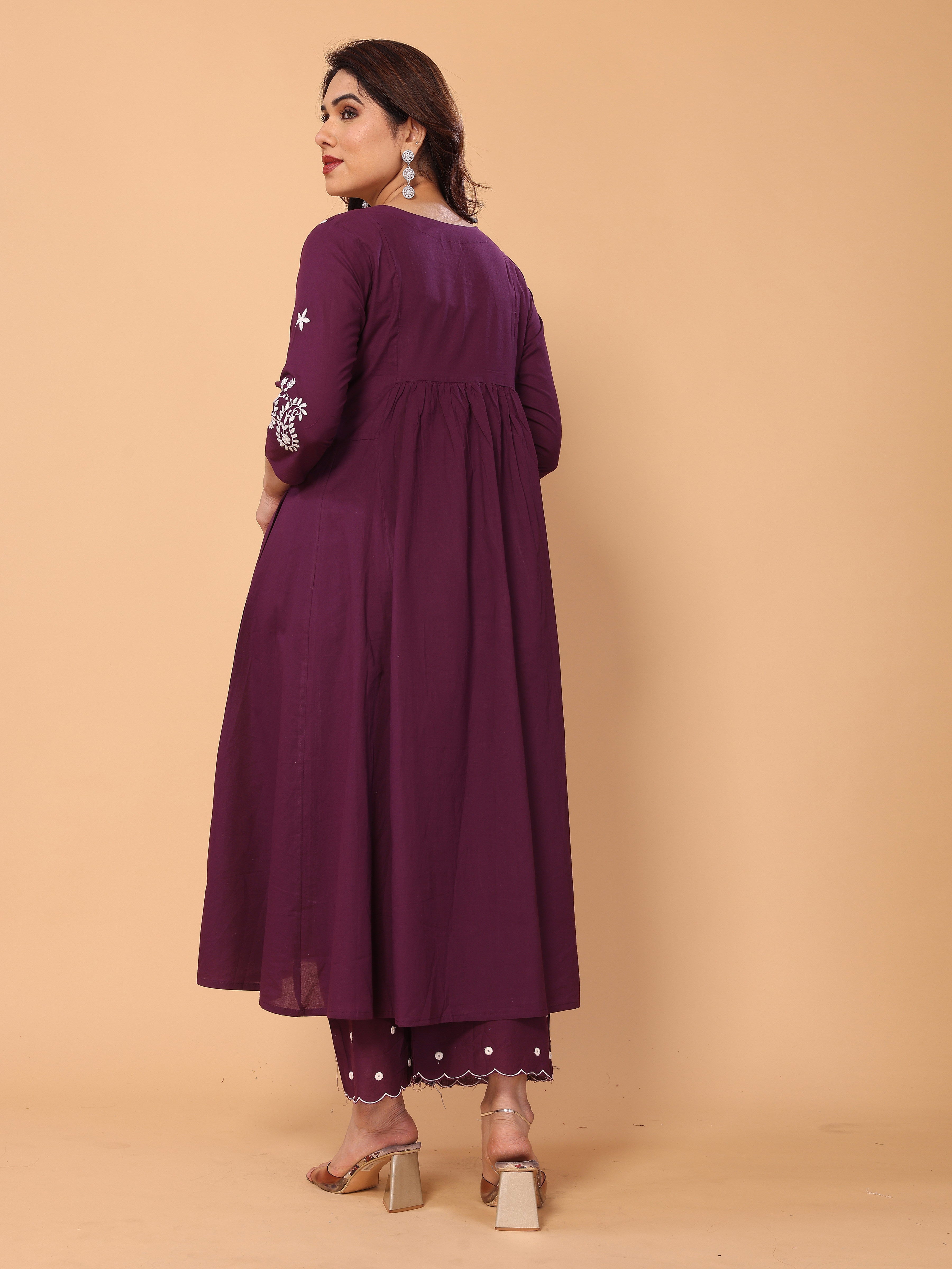 Wine Berry Flared A-Line Mirror Embellished Kurta Palazzo Set