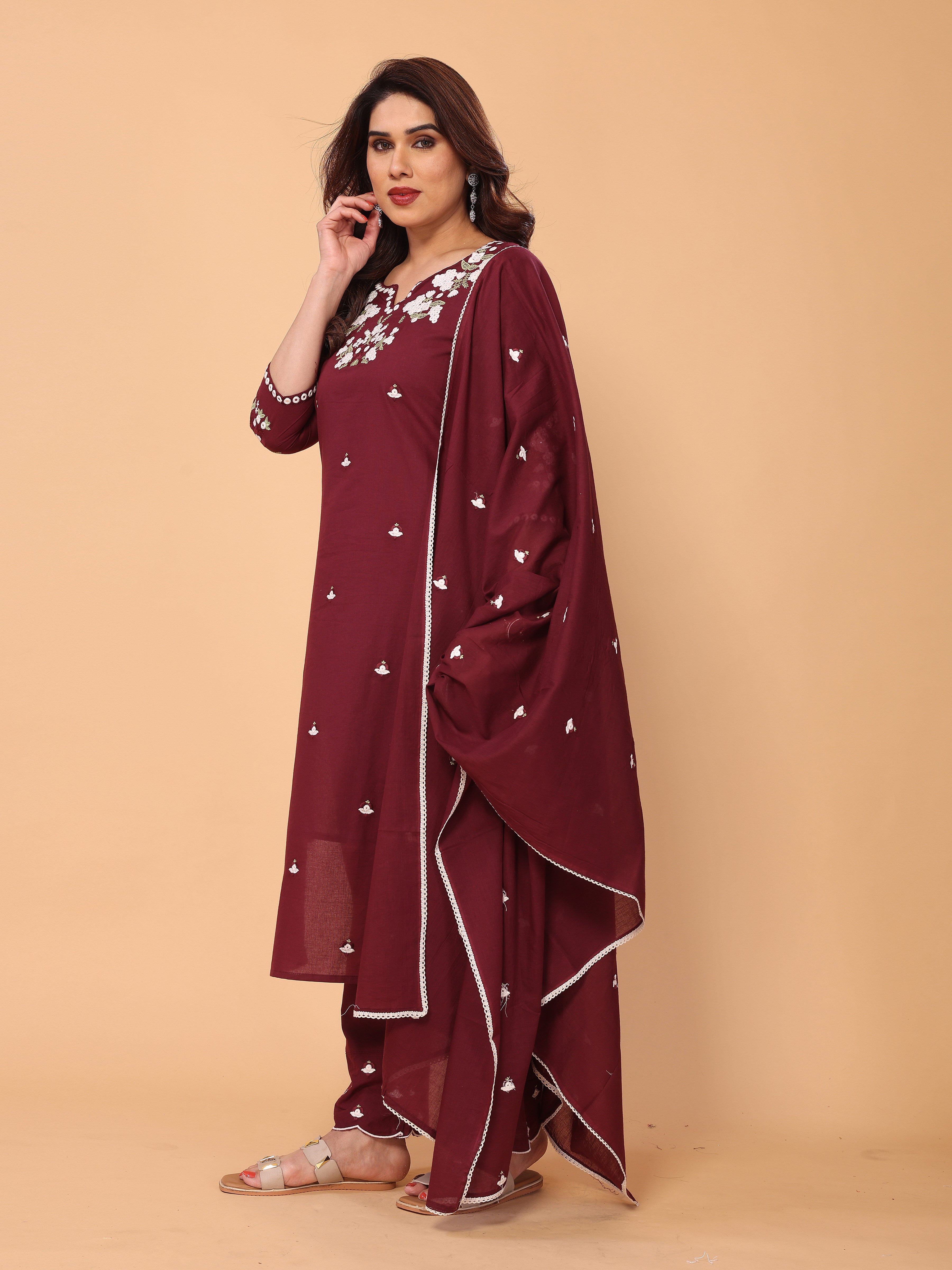 Elegant Wine Berry Floral Embroidered Kurta Pant Set