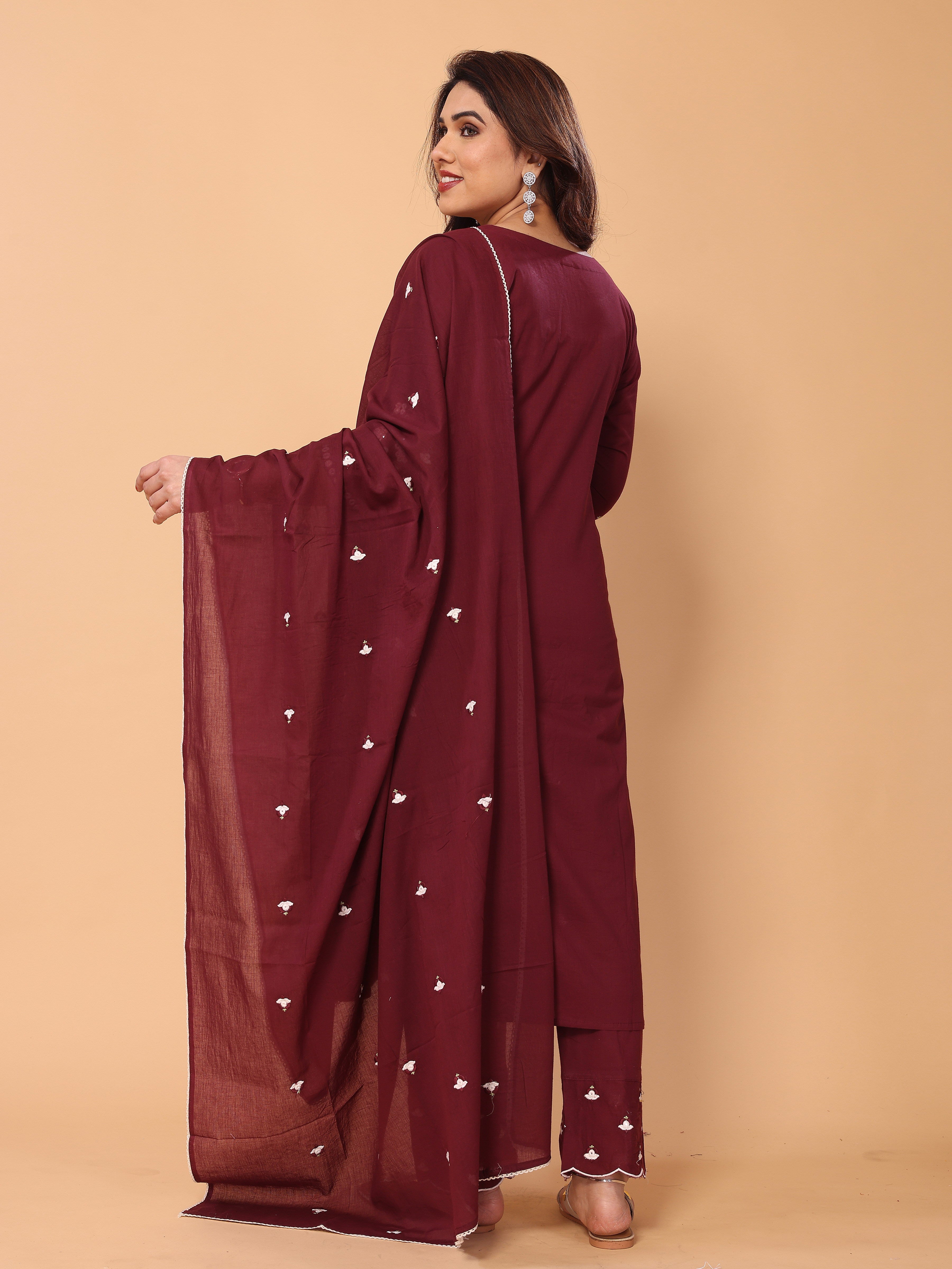 Elegant Wine Berry Floral Embroidered Kurta Pant Set