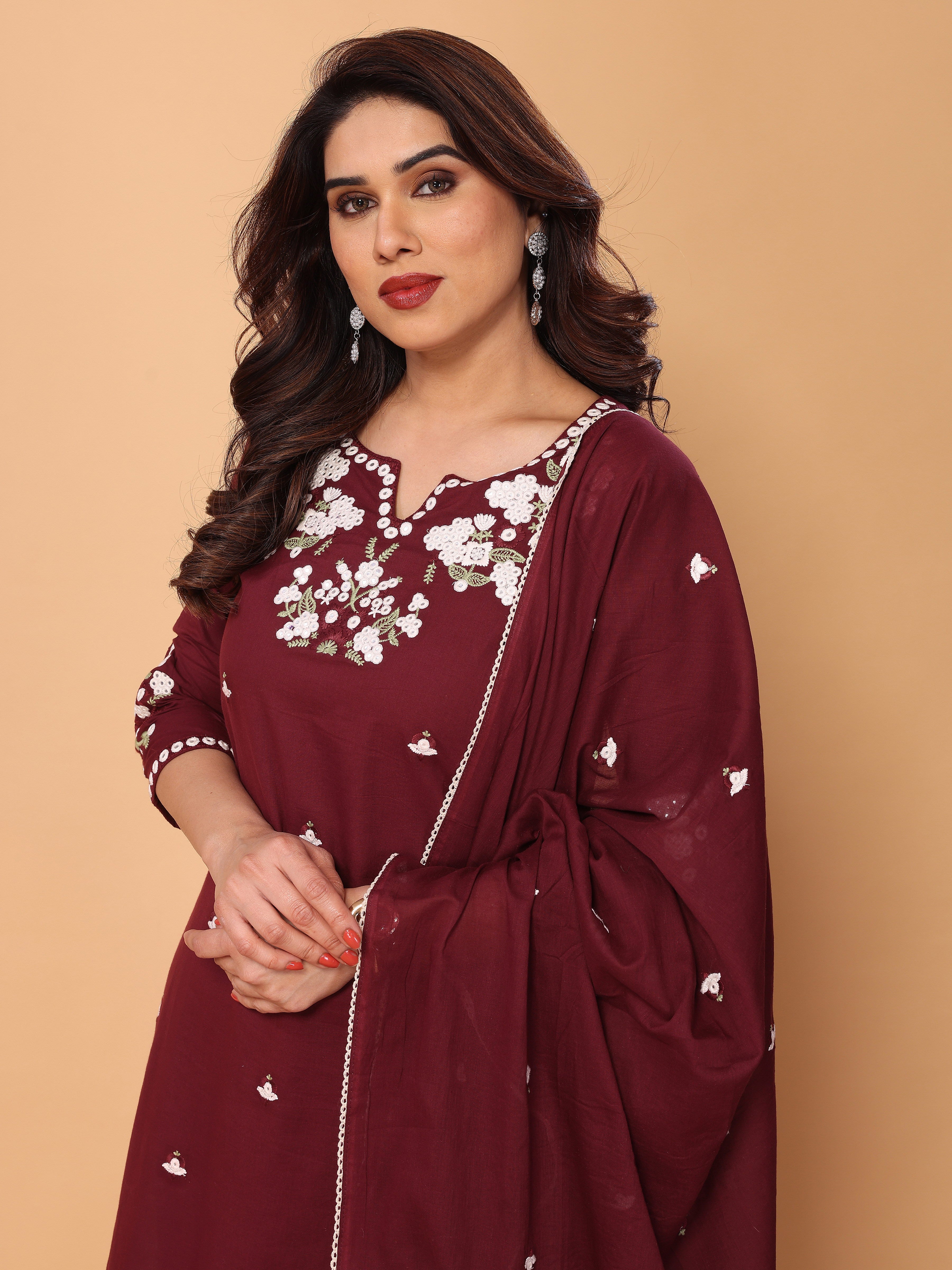 Elegant Wine Berry Floral Embroidered Kurta Pant Set