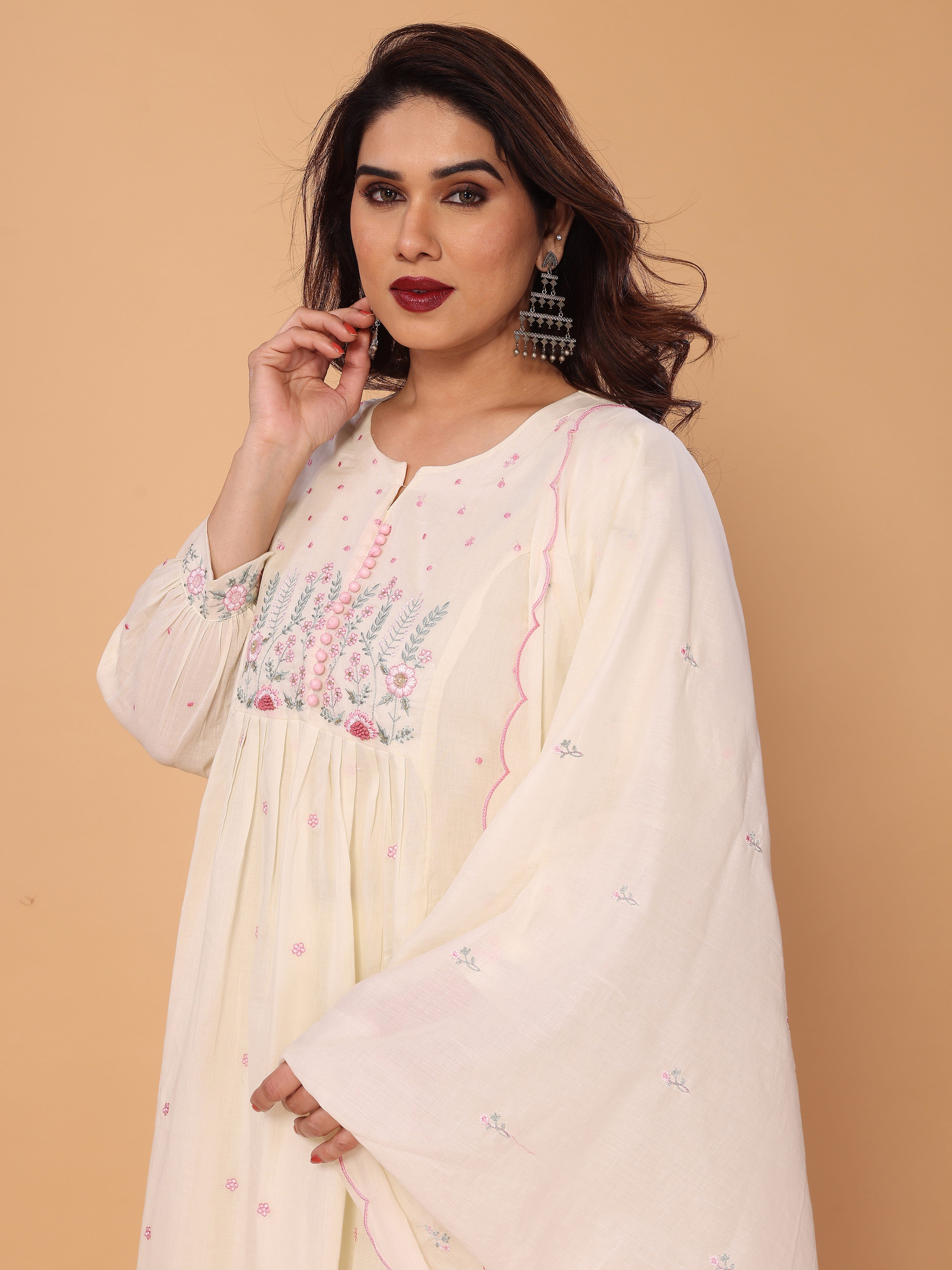 Cream Mul Cotton Embroidered Flared Kurta with Pant and Dupatta