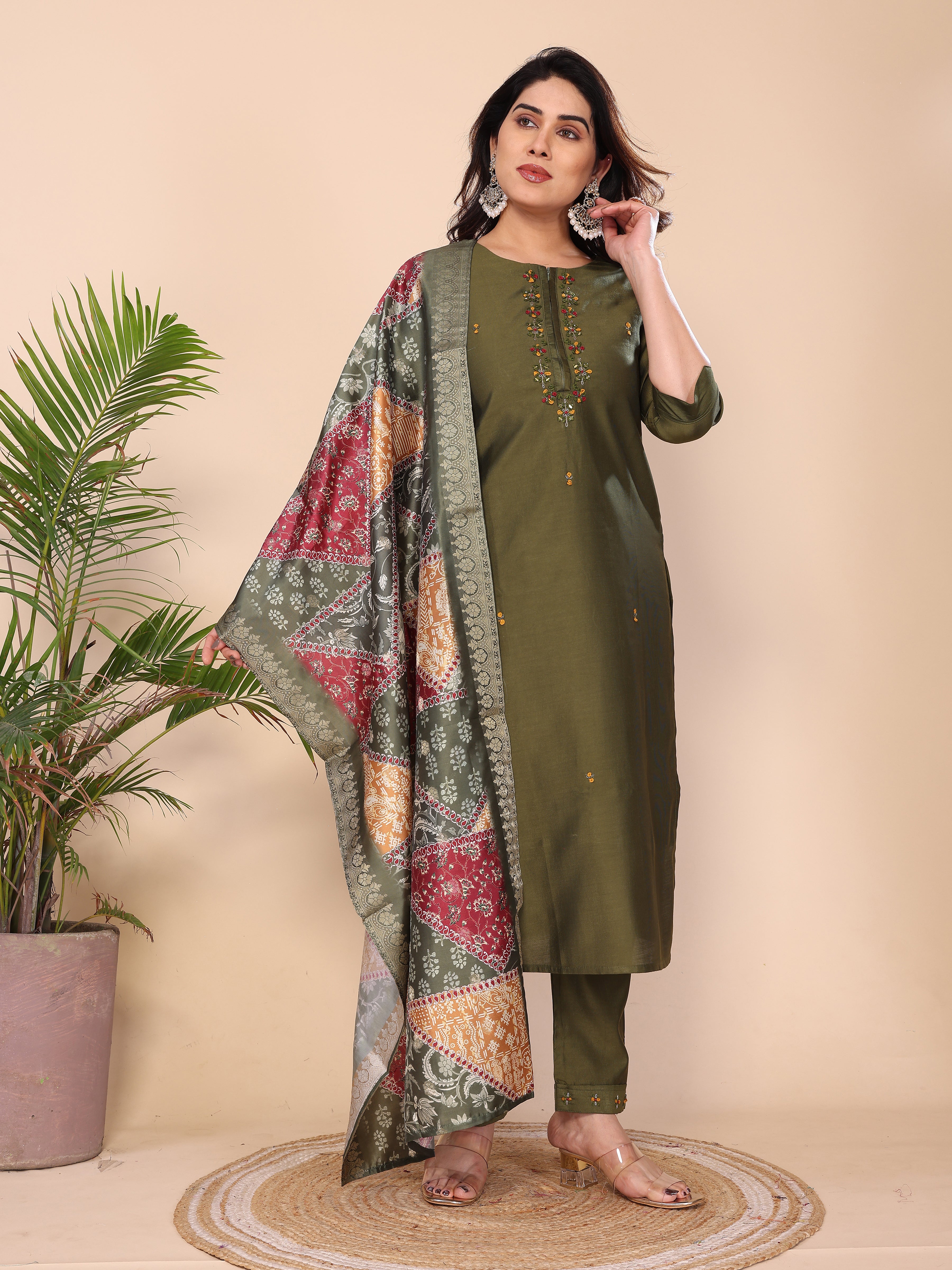 CHANDERI COTTON SUIT SET WITH ORGANZA DUPATTA