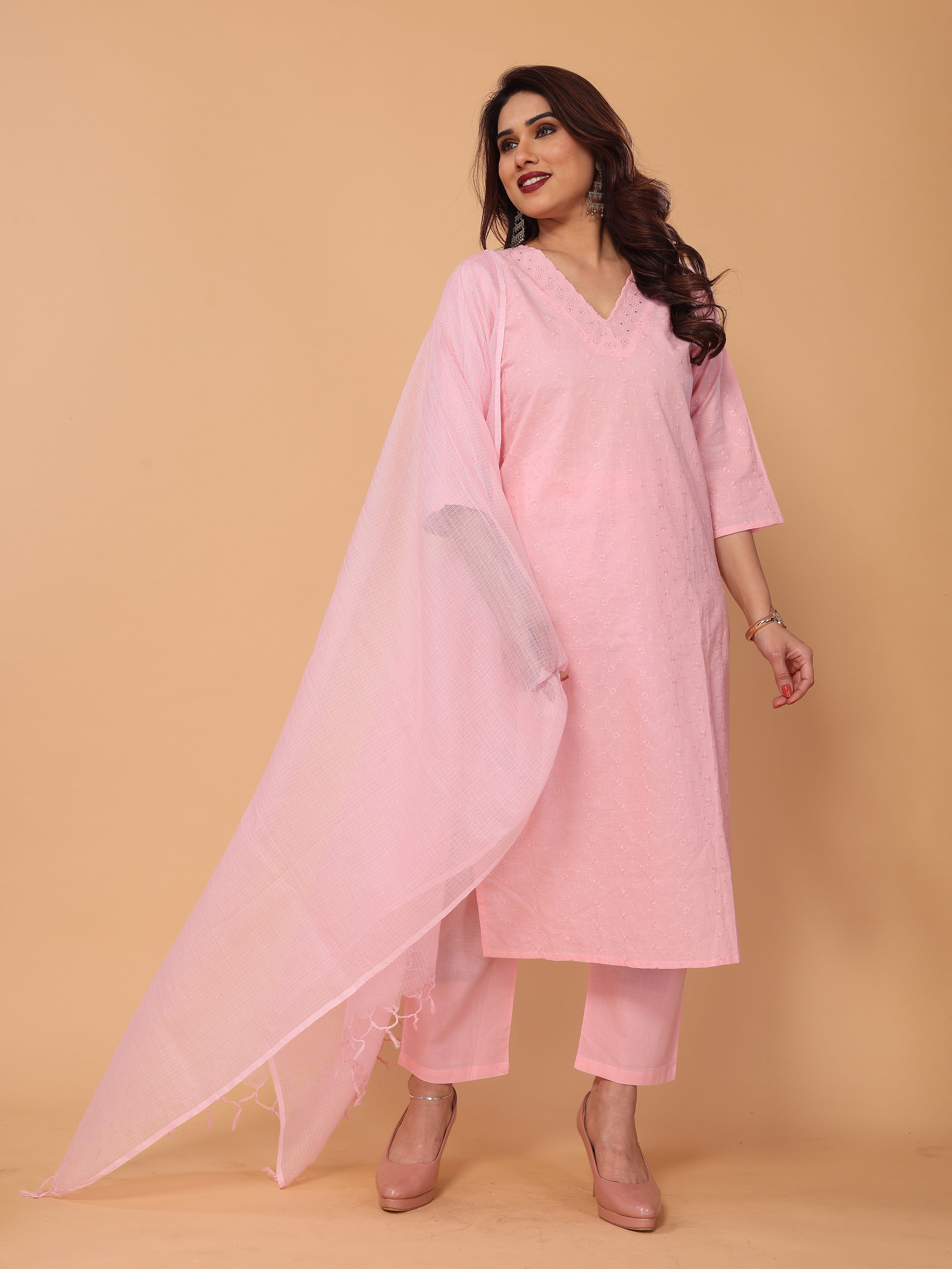 Charming Pink Floral Embroidered Kurta Set with Pant and Dupatta