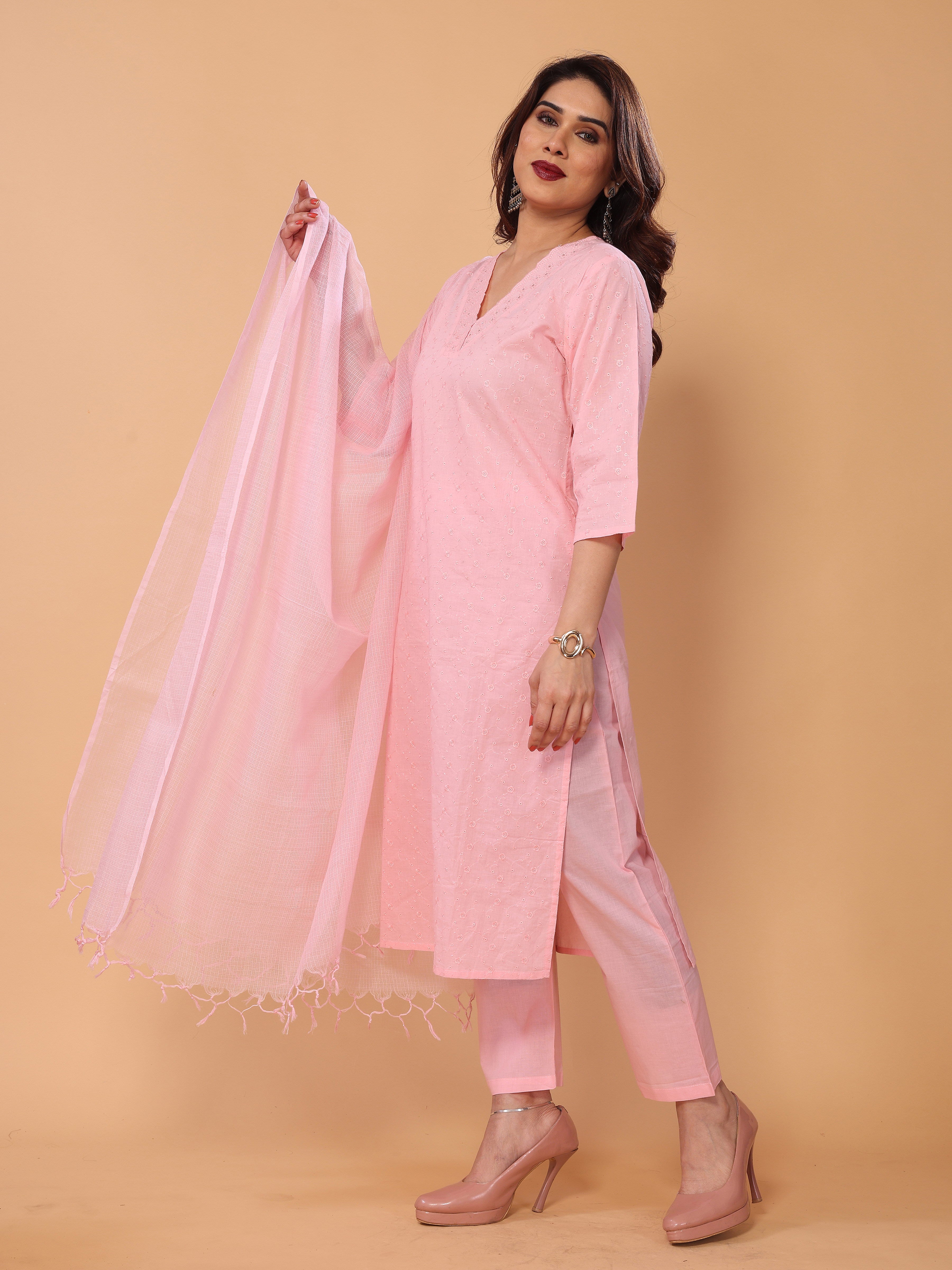 Charming Pink Floral Embroidered Kurta Set with Pant and Dupatta