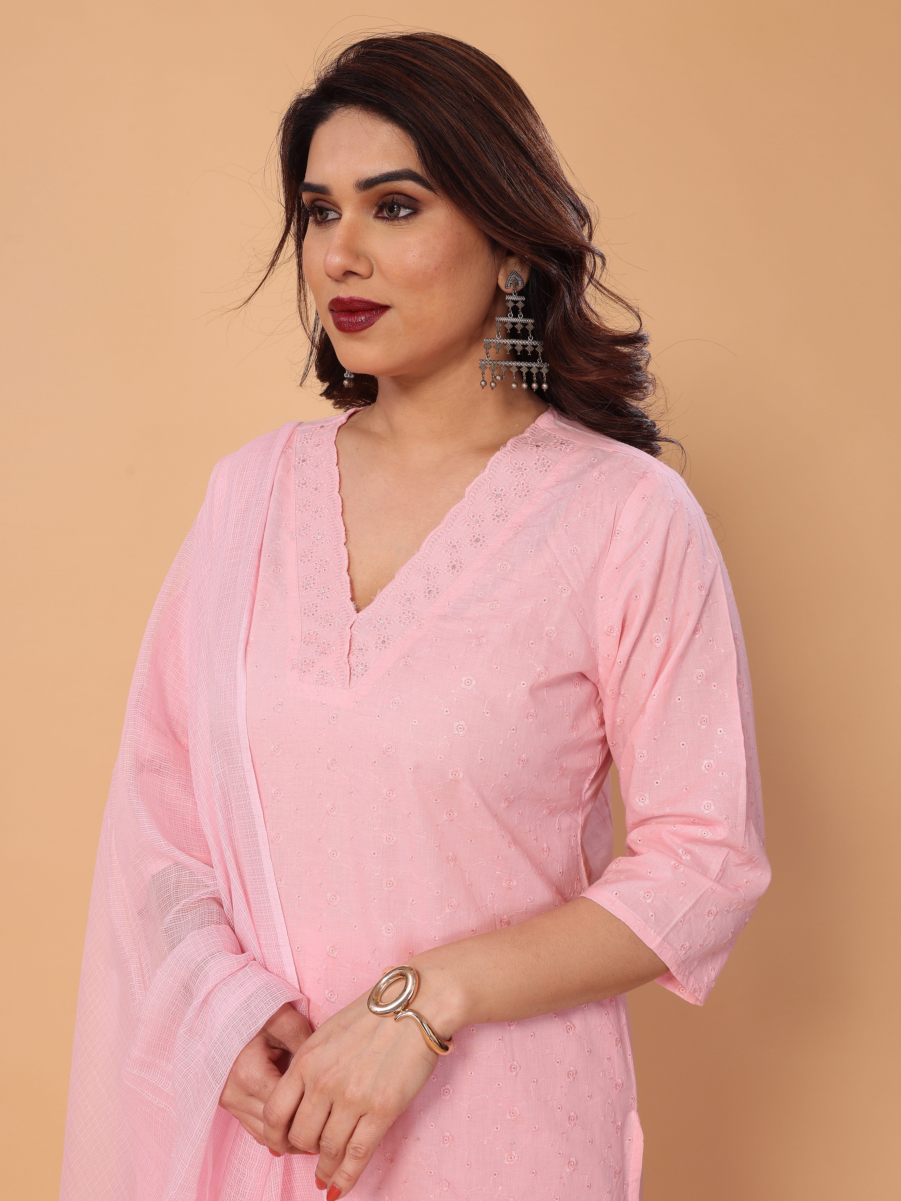 Charming Pink Floral Embroidered Kurta Set with Pant and Dupatta