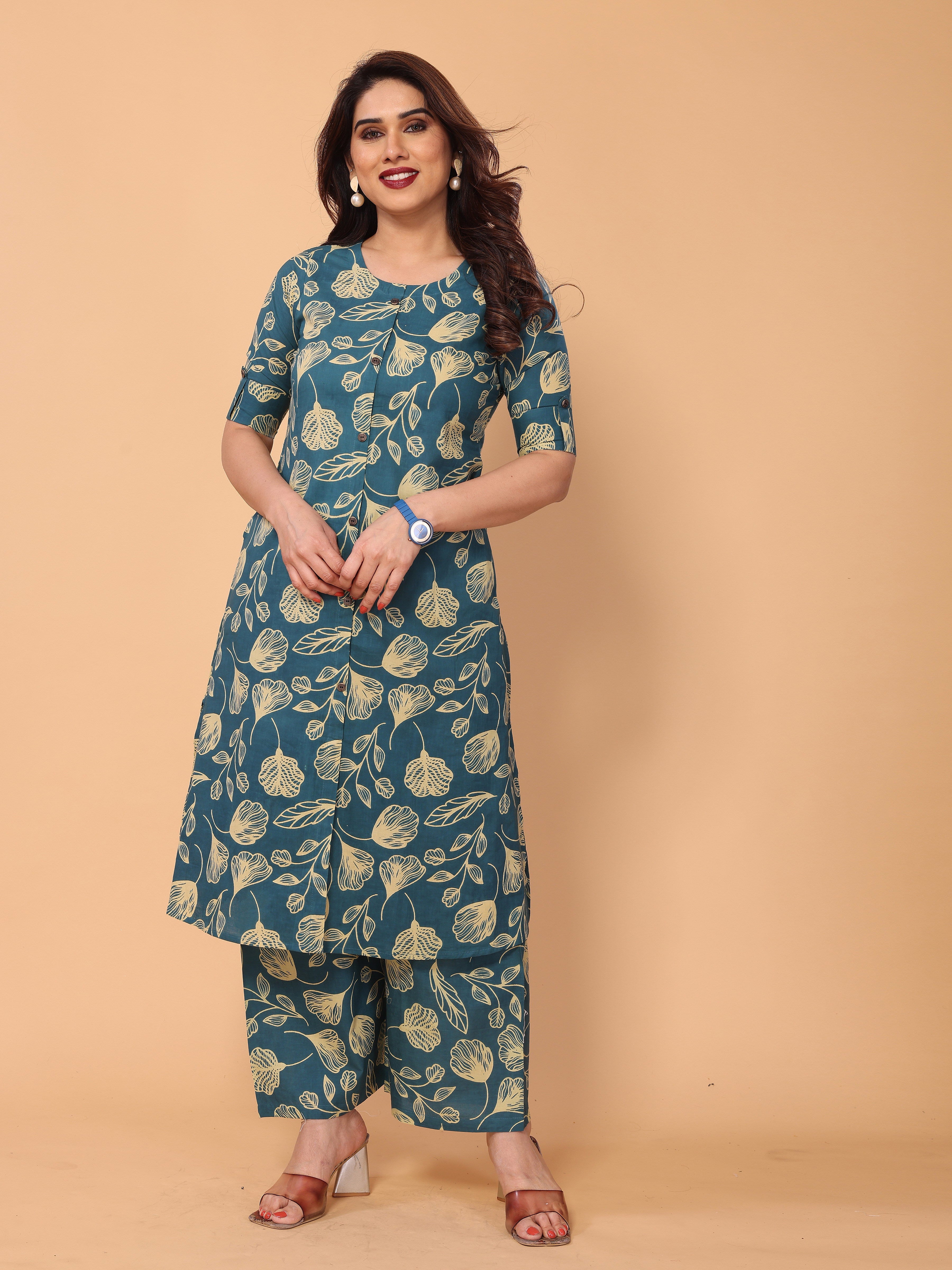 Cyan Blue Ethnic Floral Printed Cotton Kurta Palazzo Set