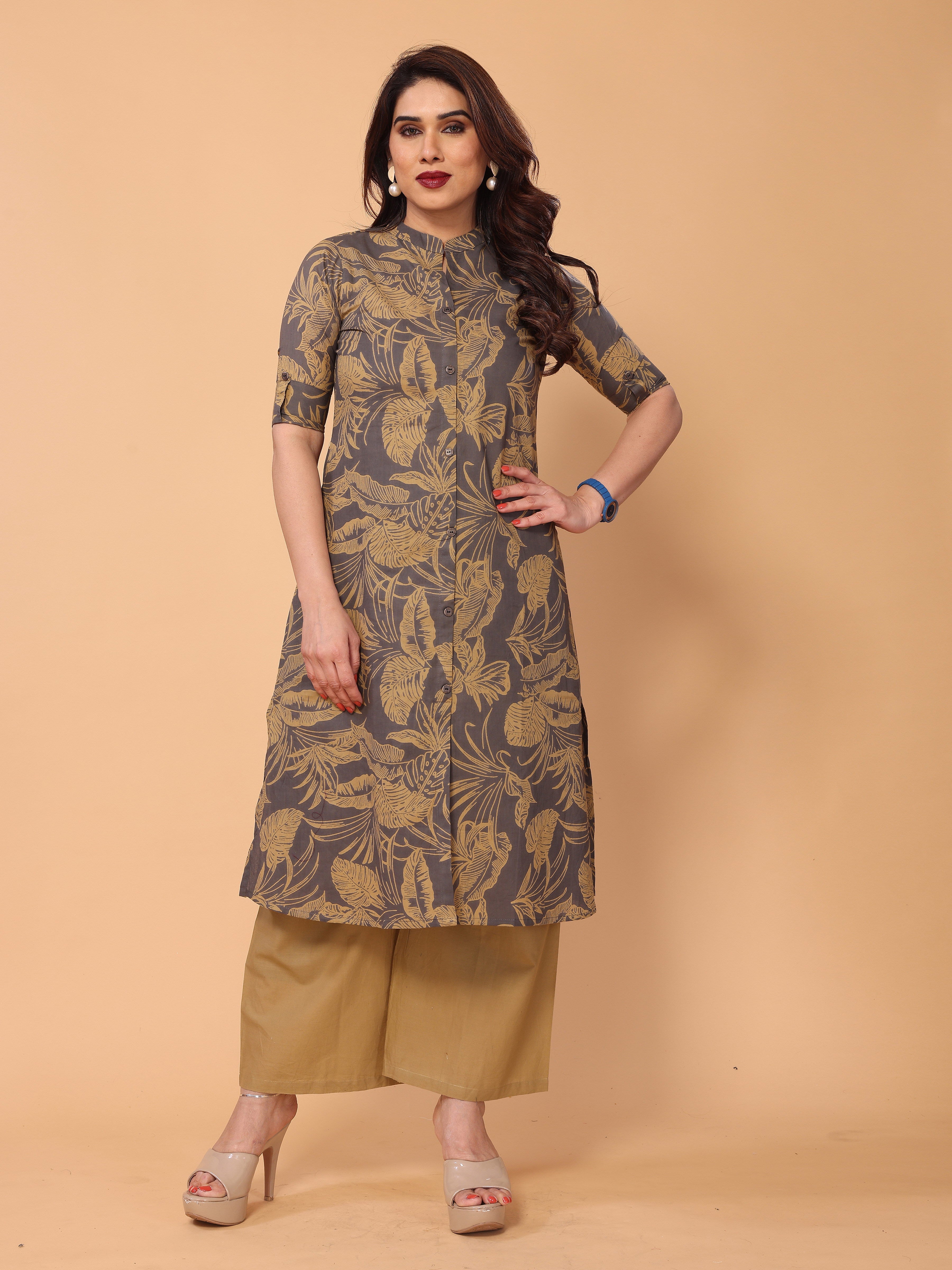 Grey Cotton Floral Printed Kurta Palazzo Set